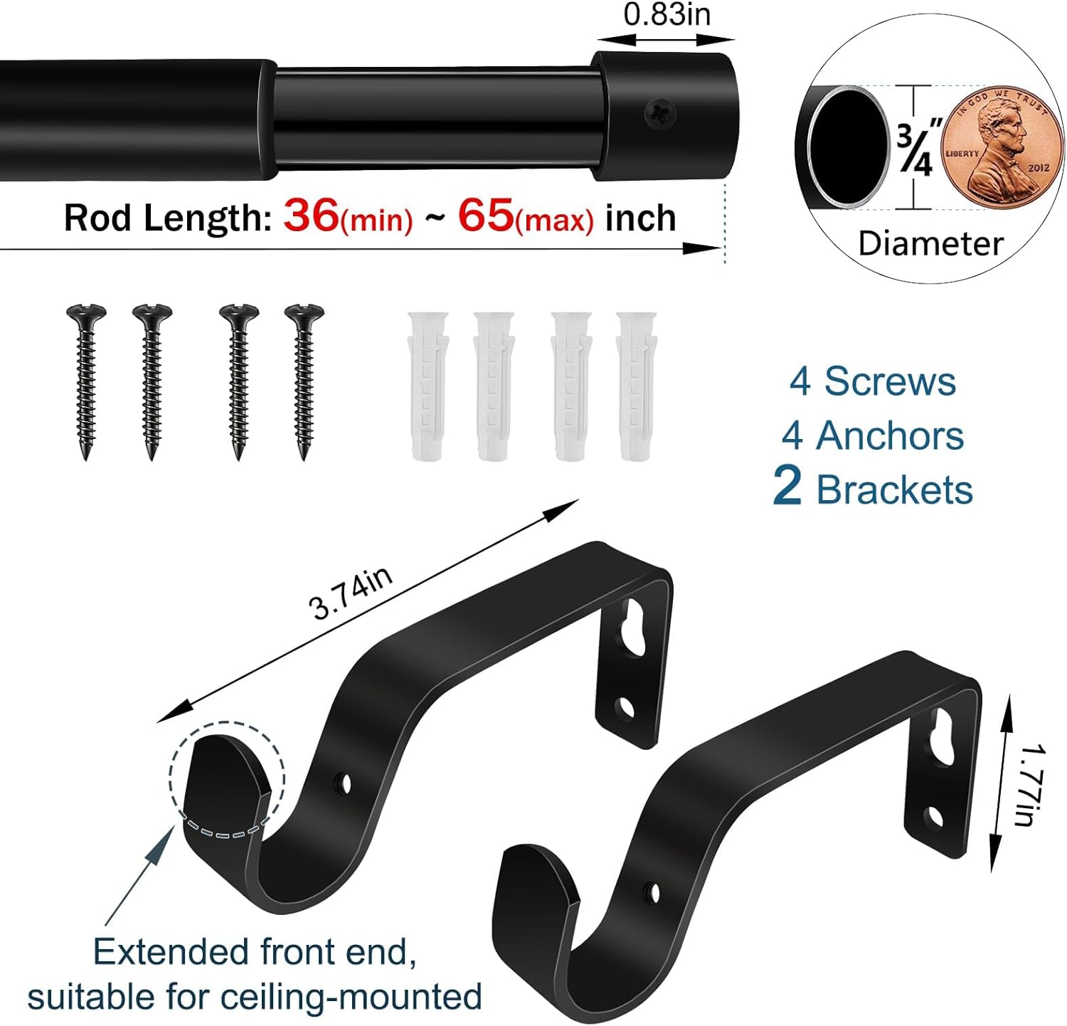 36-65 Inch Black Curtain Rod with Blue Horse Finials