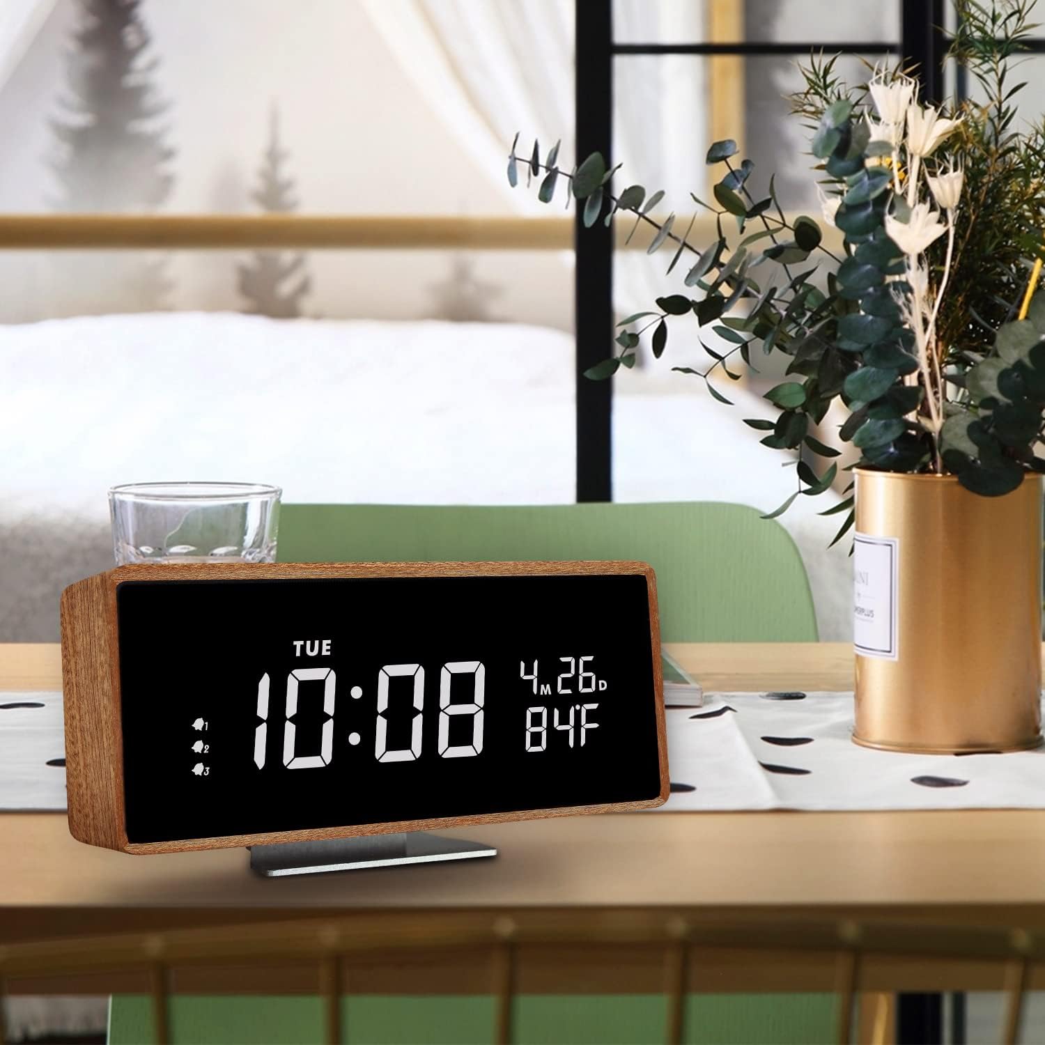 Wooden Digital Alarm Clock with Bluetooth Speaker and Night Light