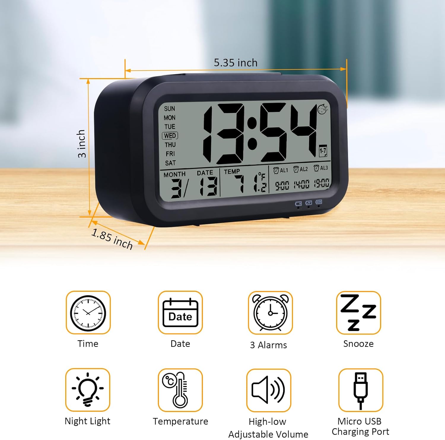 Digital Alarm Clock with 43 Screen and 3 Bells for Heavy Sleepers