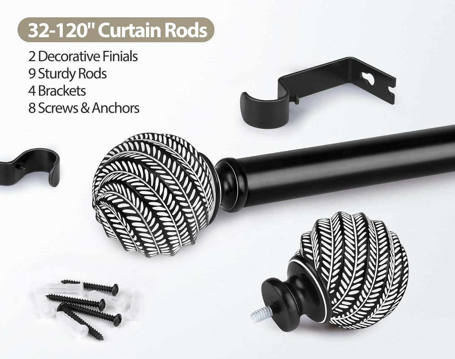 Boho Wood Curtain Rods 32-120 Inches Black