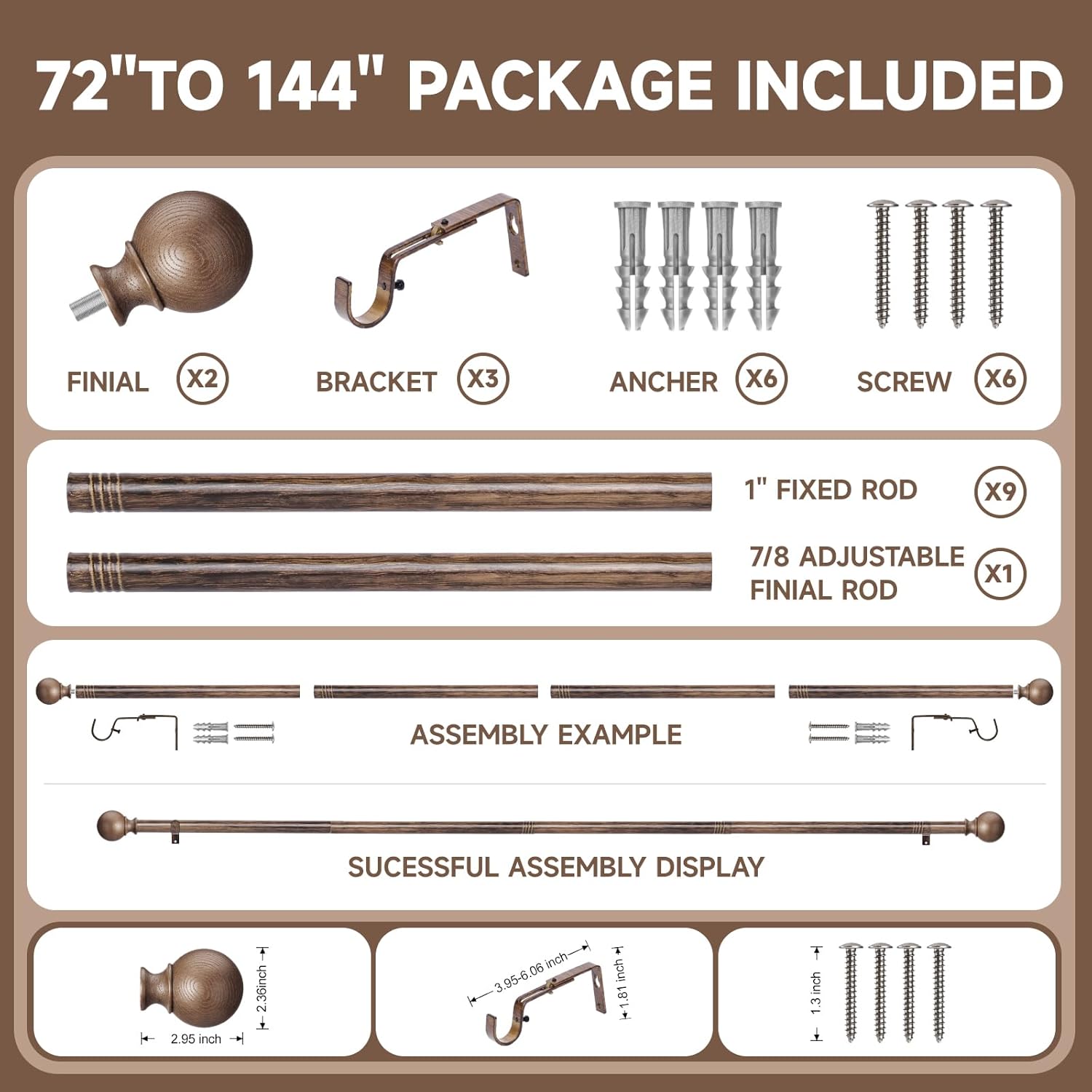 BRIOFOX Imitation Walnut Wood Curtain Rods 72-144 Inch