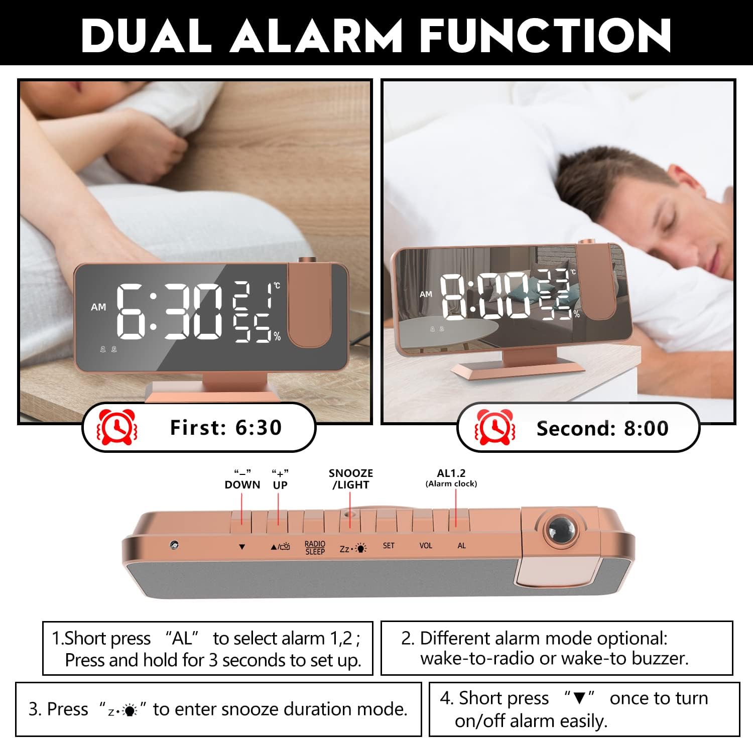 Hanaix 180 Degree Projection Alarm Clock with Mirror and USB Charging