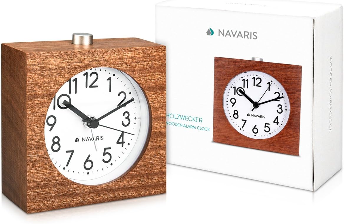 Navaris Wood Analog Alarm Clock - Dark Brown