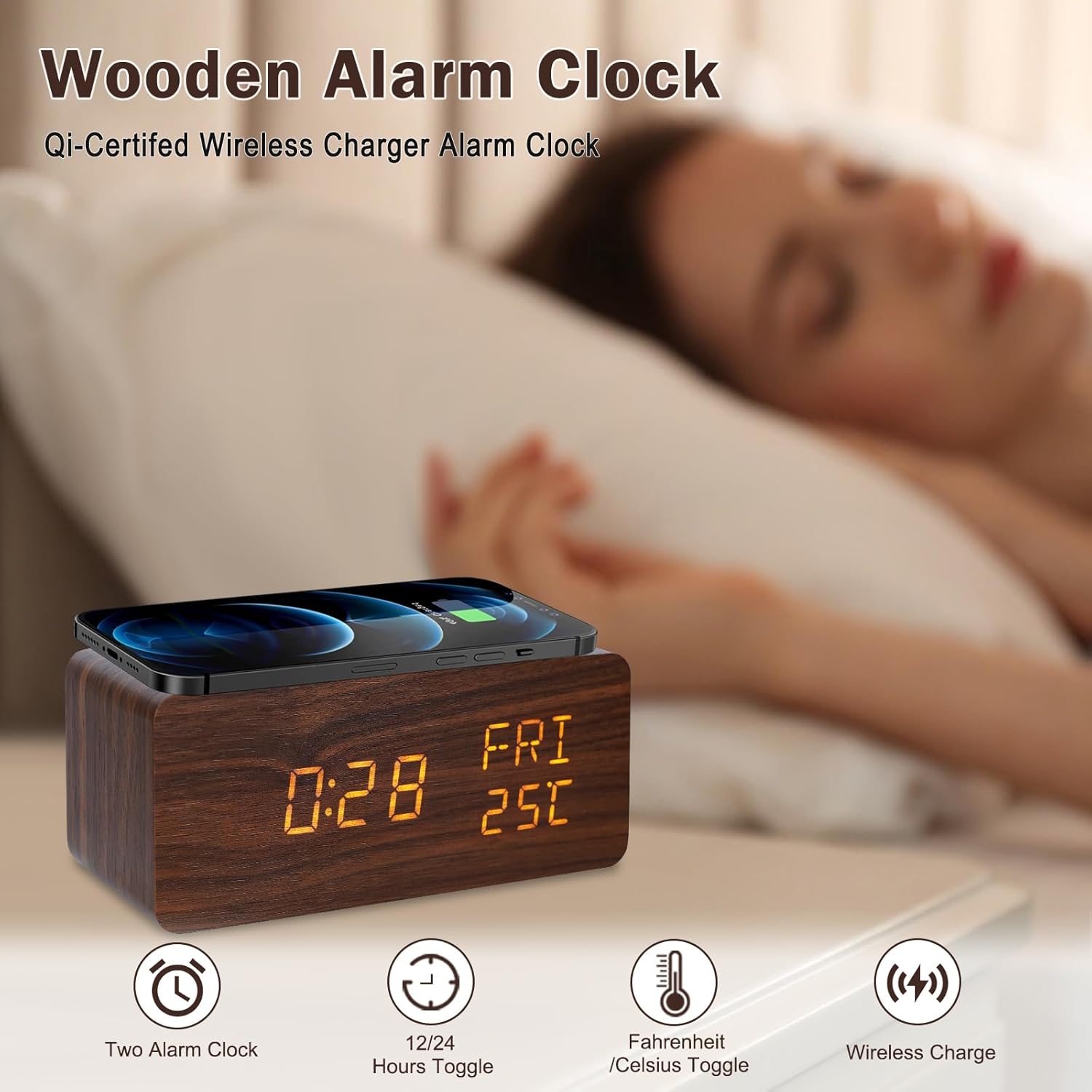 Digital Wooden Alarm Clock with 10W Wireless Charging and Three Levels Brightness