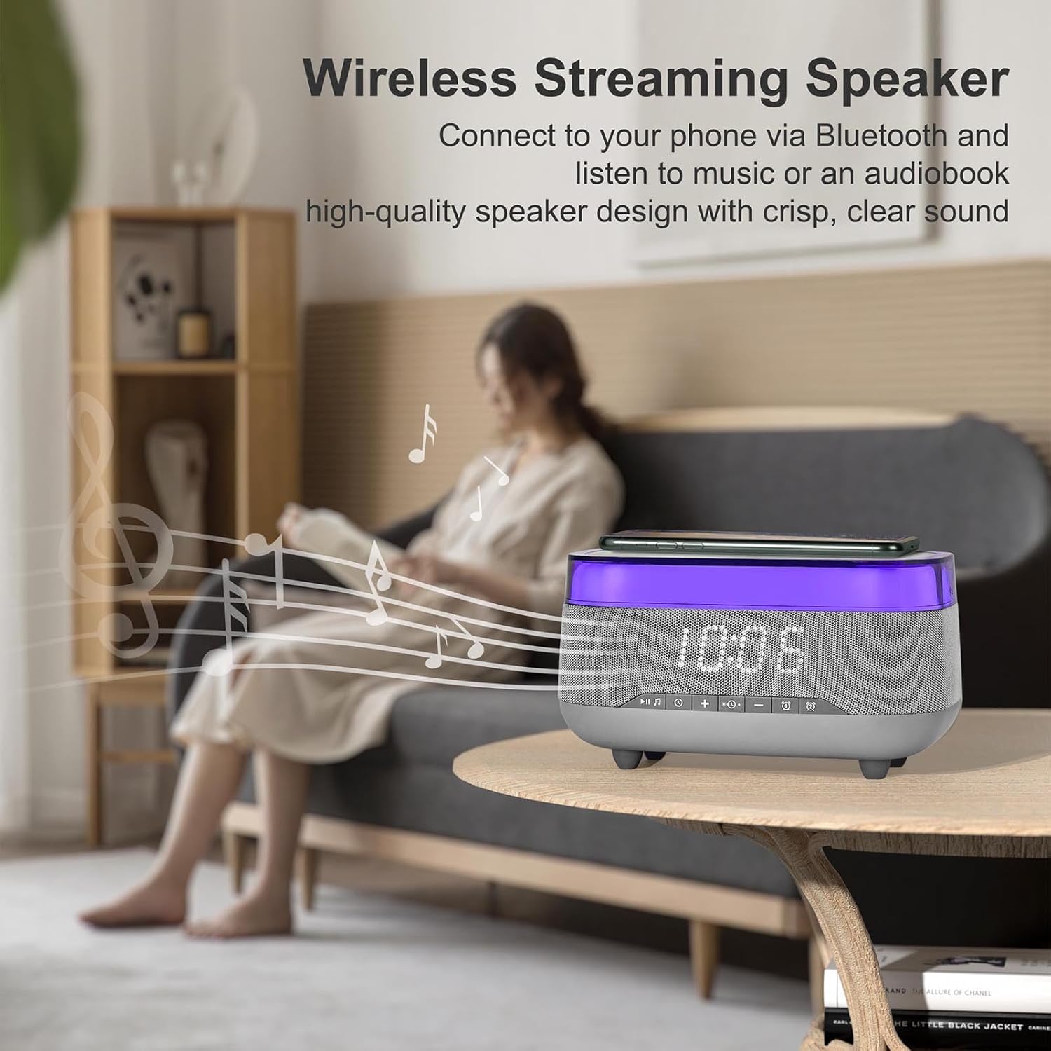 Smart Alarm Clock with 15W Wireless Charger and Bluetooth Speaker
