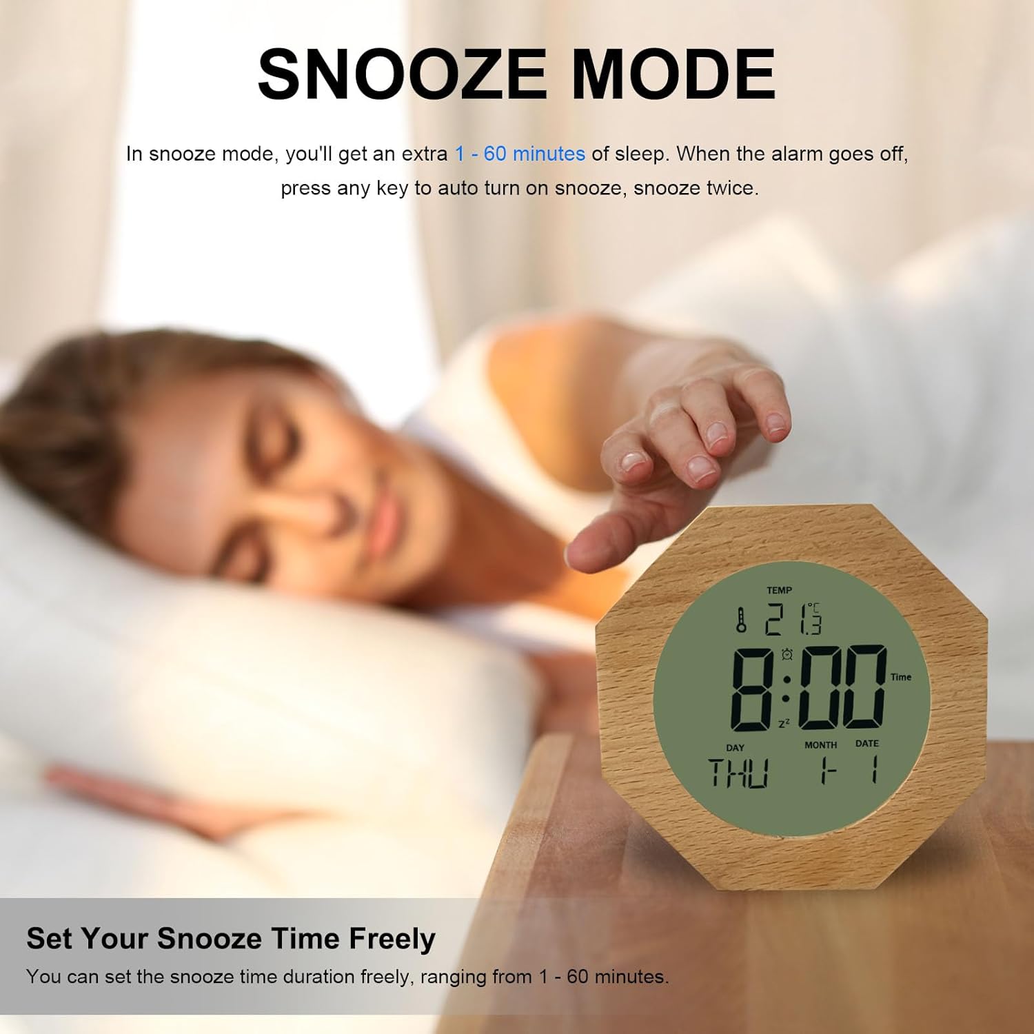 JoFomp 4 Inch Wooden Digital Alarm Clock with Nightlight