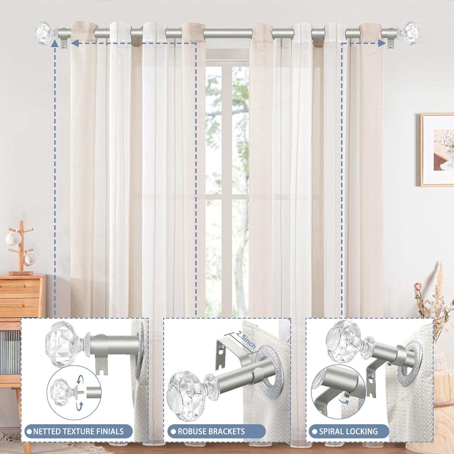 TVWOO Silver Crystal Curtain Rods 66-120 Inch Adjustable