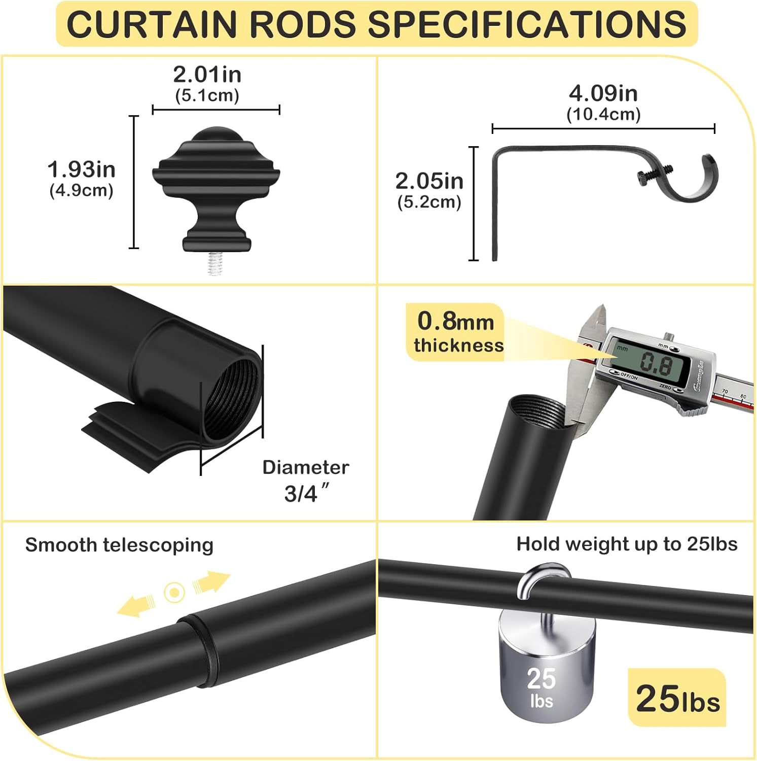 JRZOO Black Curtain Rods 18-45 34 Inch Diameter