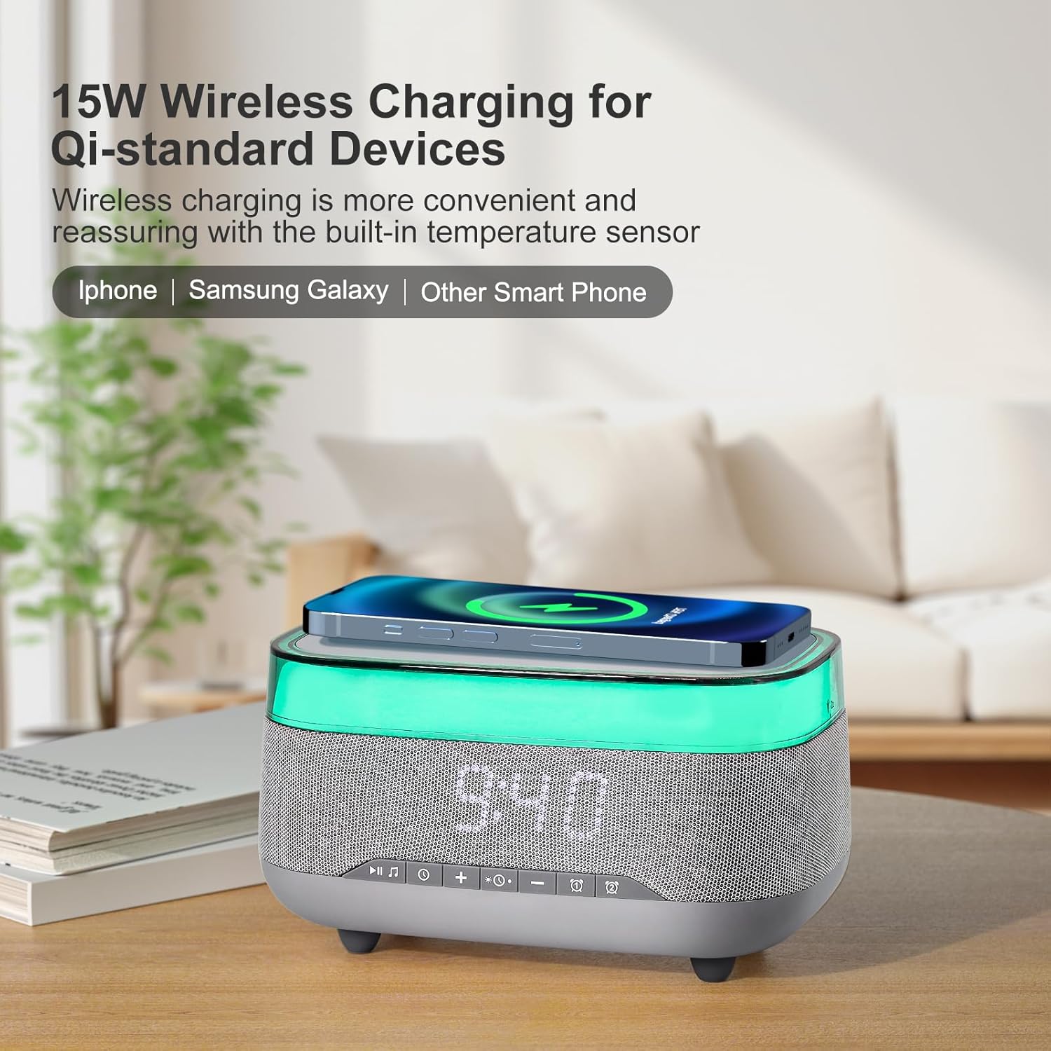 Smart Alarm Clock with 15W Wireless Charger and Bluetooth Speaker