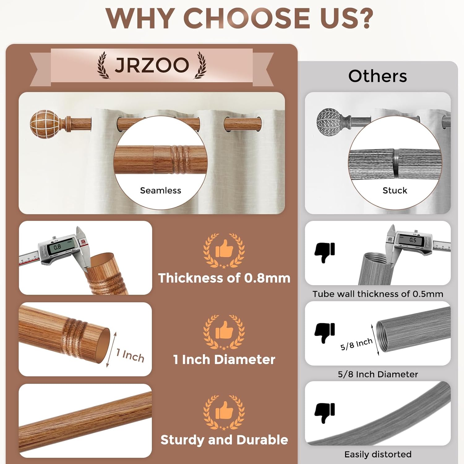 JRZOO Imitation Wood Grain Curtain Rods 30-88 Inches