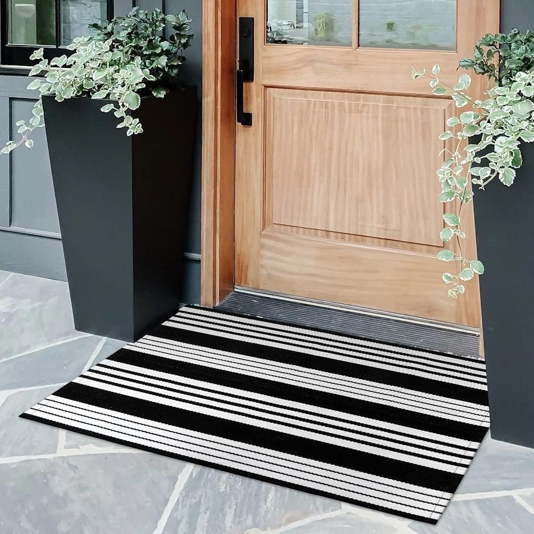 OJIA Front Door Mat 24 x 35 Black White Rug