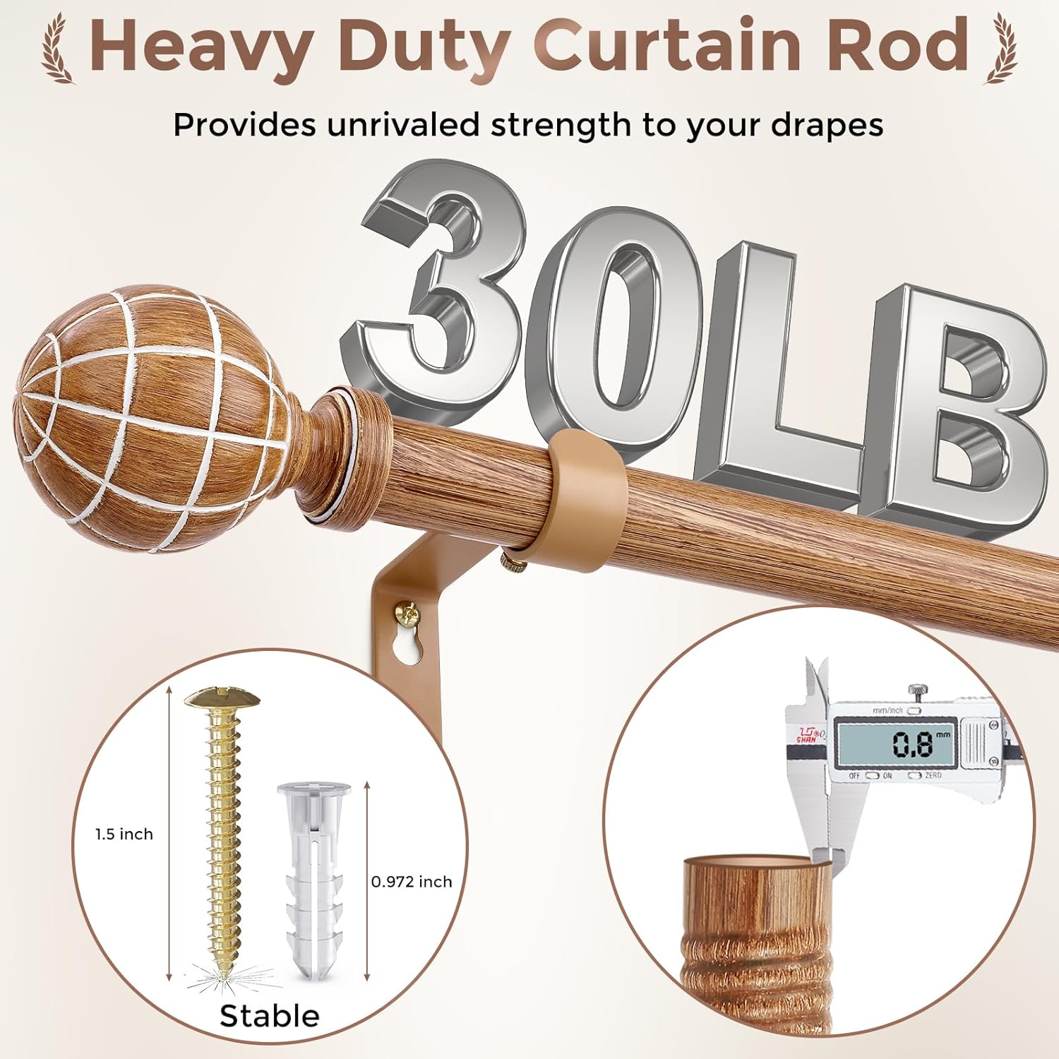 JRZOO Imitation Wood Grain Curtain Rods 30-88 Inches