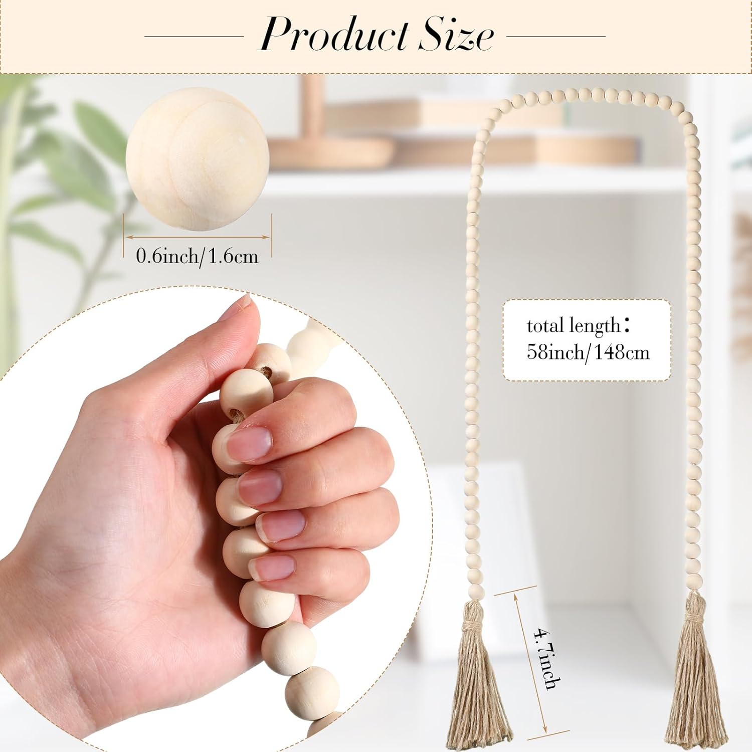 Geetery 6 Pcs 58 Inch Wood Bead Garland with Tassels