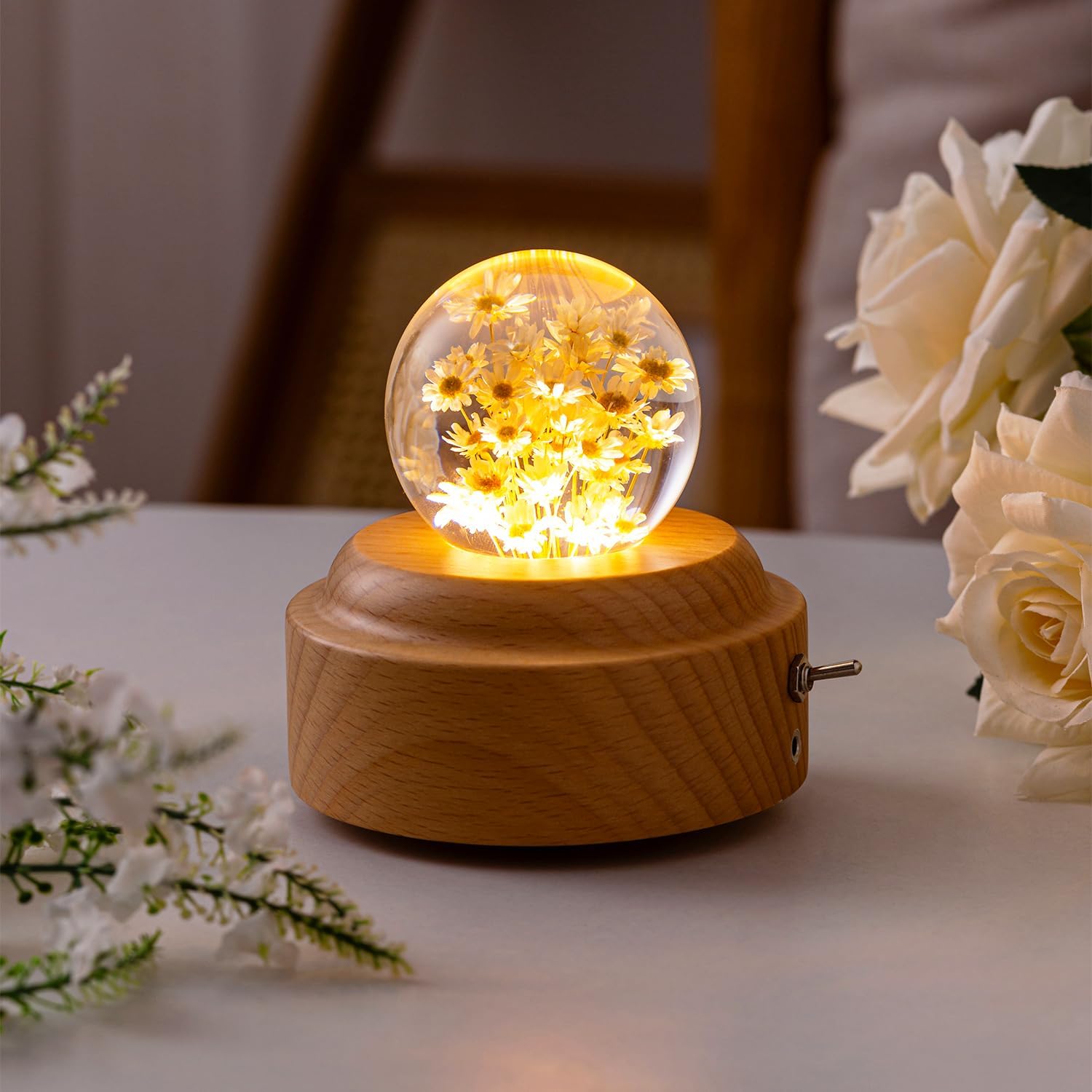 1 Piece 6cm Yellow Glass Little Daisy Ball Night Light Music Box