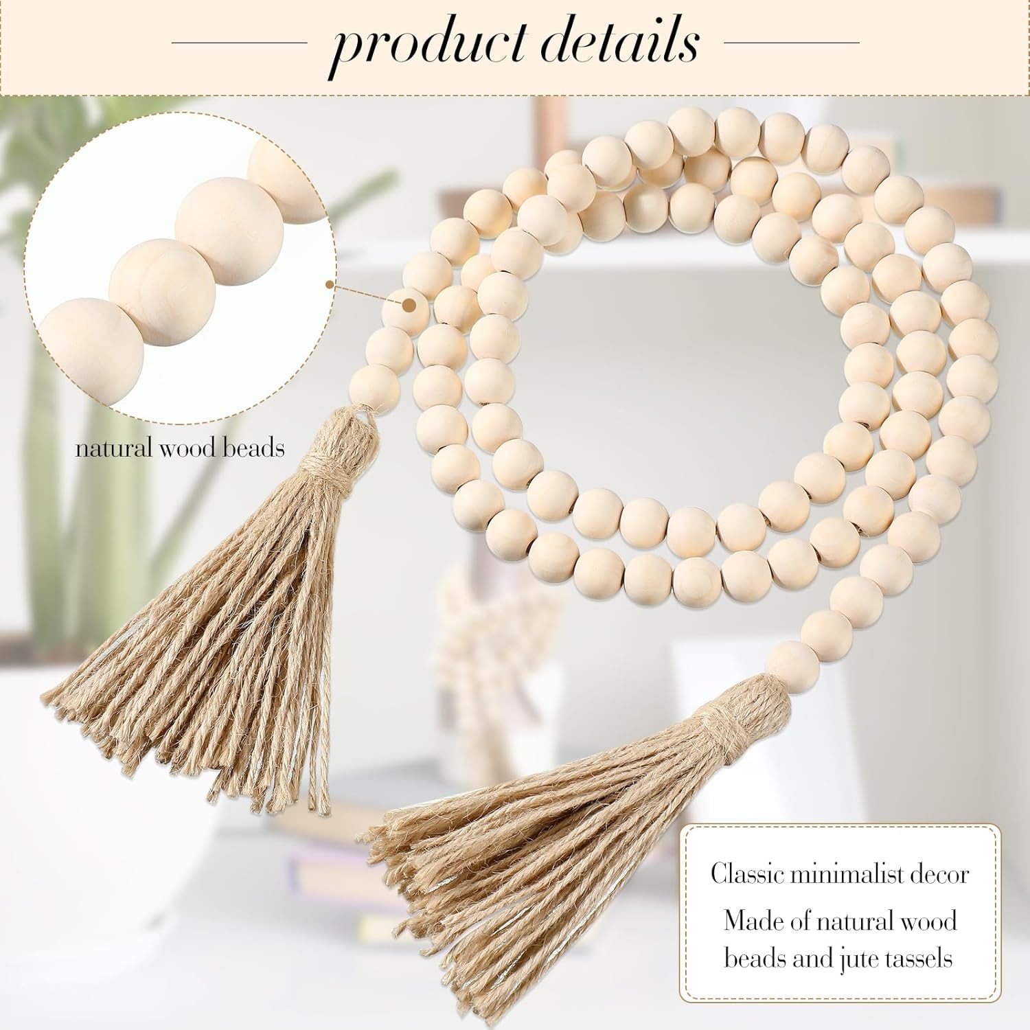 Geetery 6 Pcs 58 Inch Wood Bead Garland with Tassels