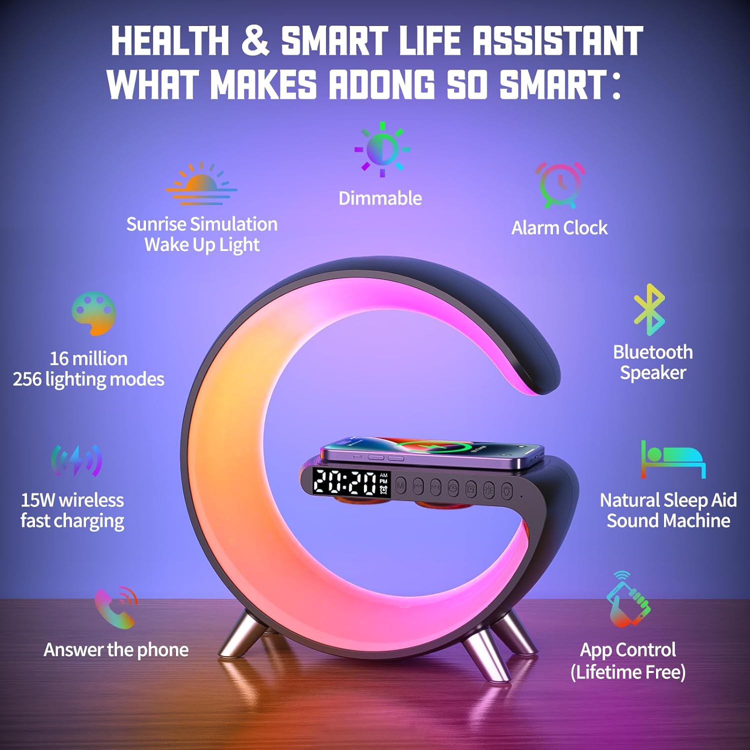 LED Wireless Charger Ambience Light with Bluetooth Audio Clock