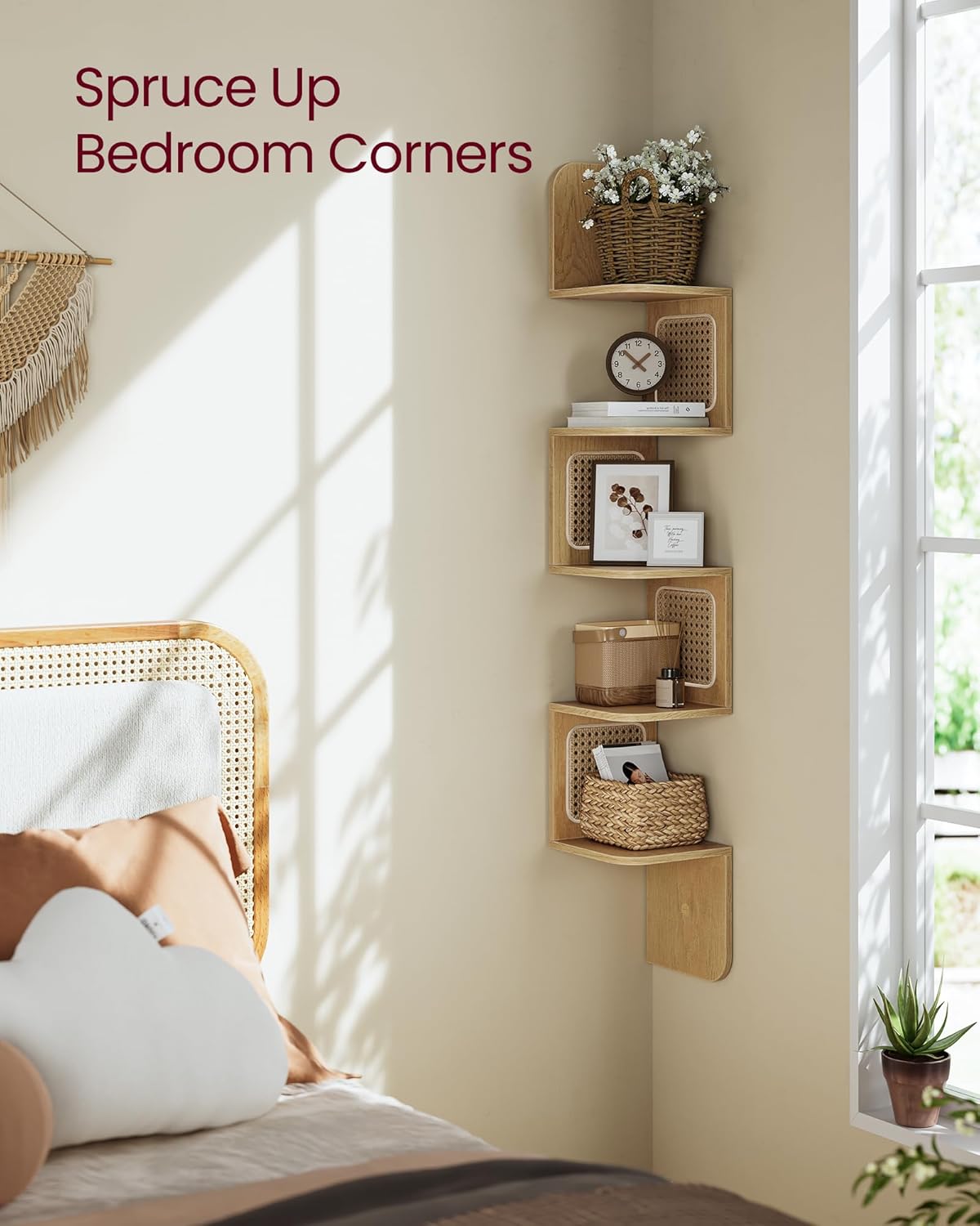 VASAGLE 5-Tier Corner Shelf Boho Style Wall Mounted