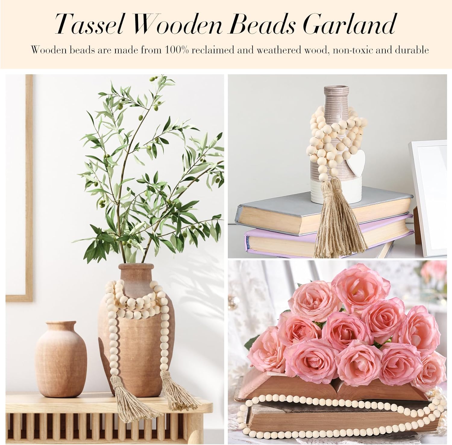 Geetery 6 Pcs 58 Inch Wood Bead Garland with Tassels