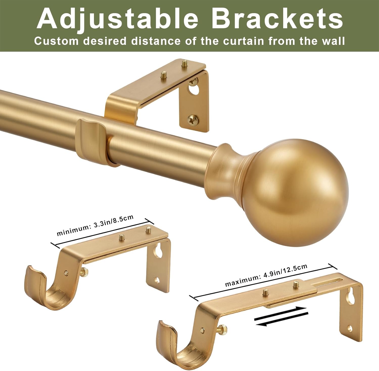 Vimayta 1 Inch Diameter Adjustable Curtain Rod 72-144 Inches Brushed Gold