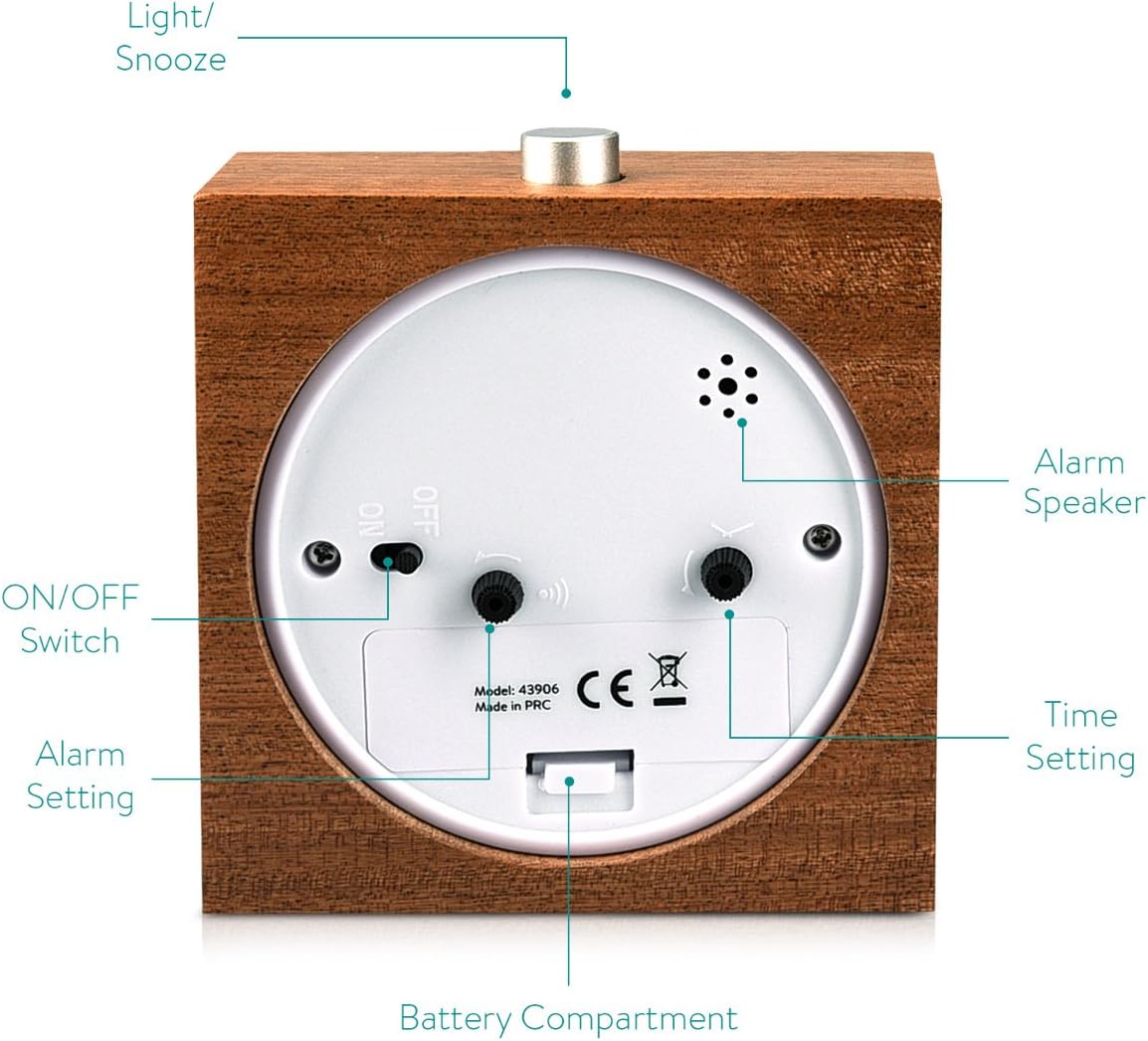 Navaris Wood Analog Alarm Clock - Dark Brown