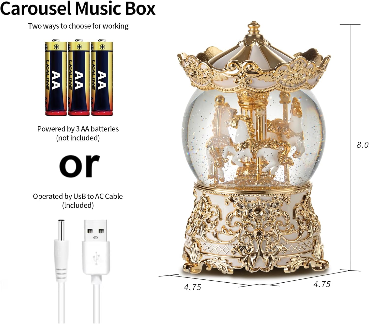 Gold Carousel Music Box Princess Unicorn Snow Globe Gift