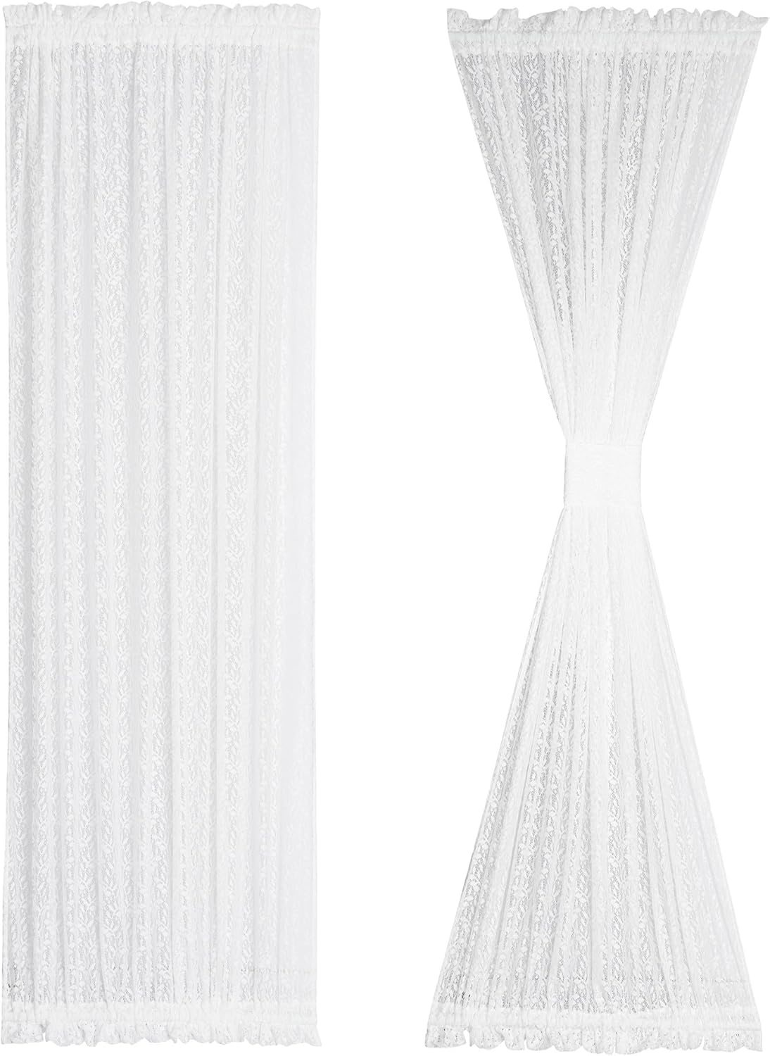 White Lace French Door Curtains with Tieback 2 Panels 25x40 Inch