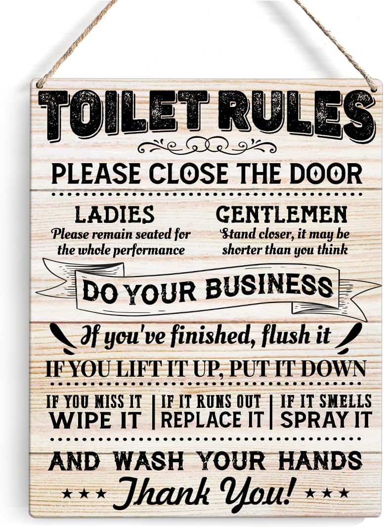 Toilet Rules Sign Wall Decor Rustic Wood 8x10