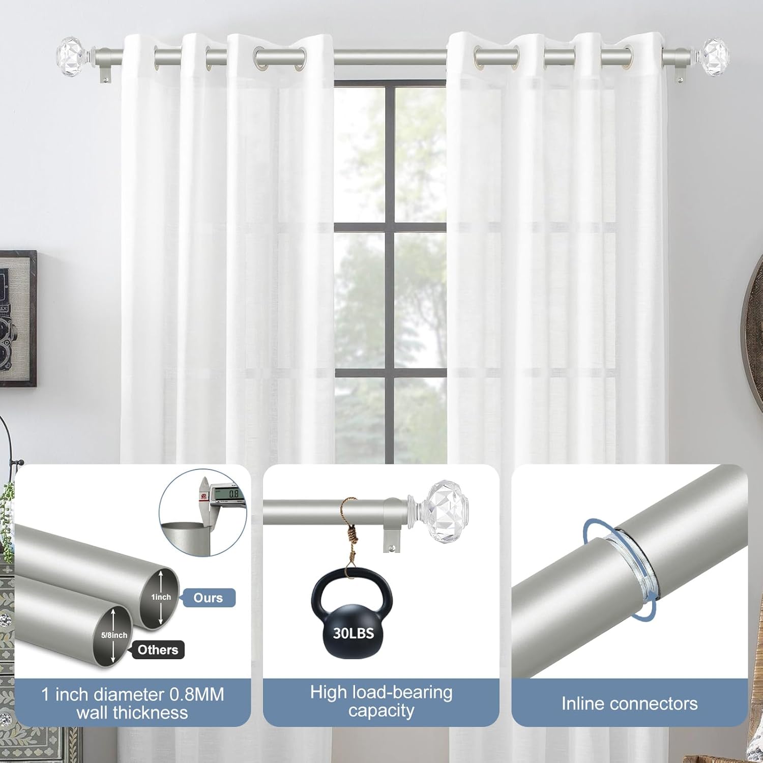 TVWOO Silver Crystal Curtain Rods 66-120 Inch Adjustable