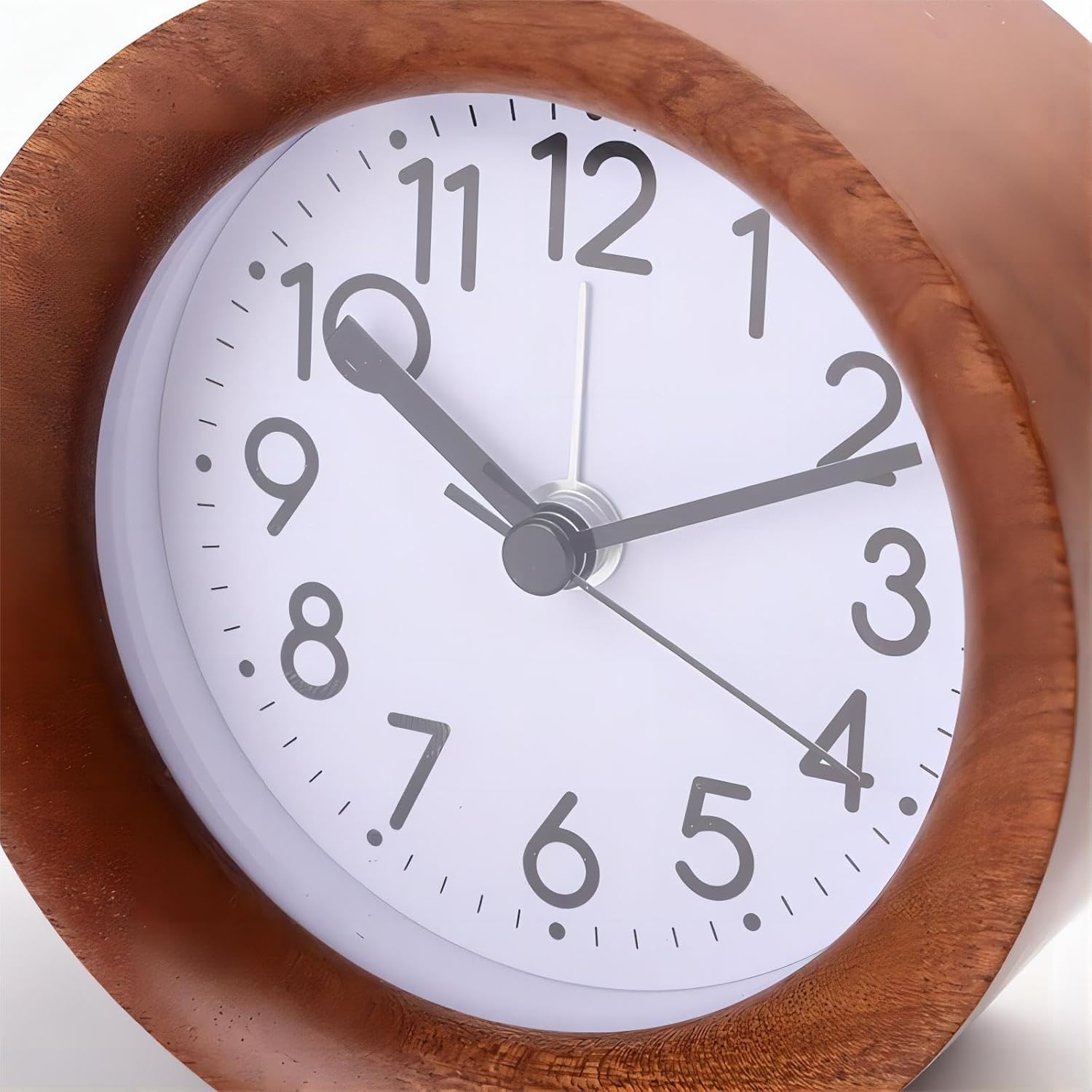 Lancoon Round Wooden Alarm Clock with Silent Quartz Movement and Soft Backlight