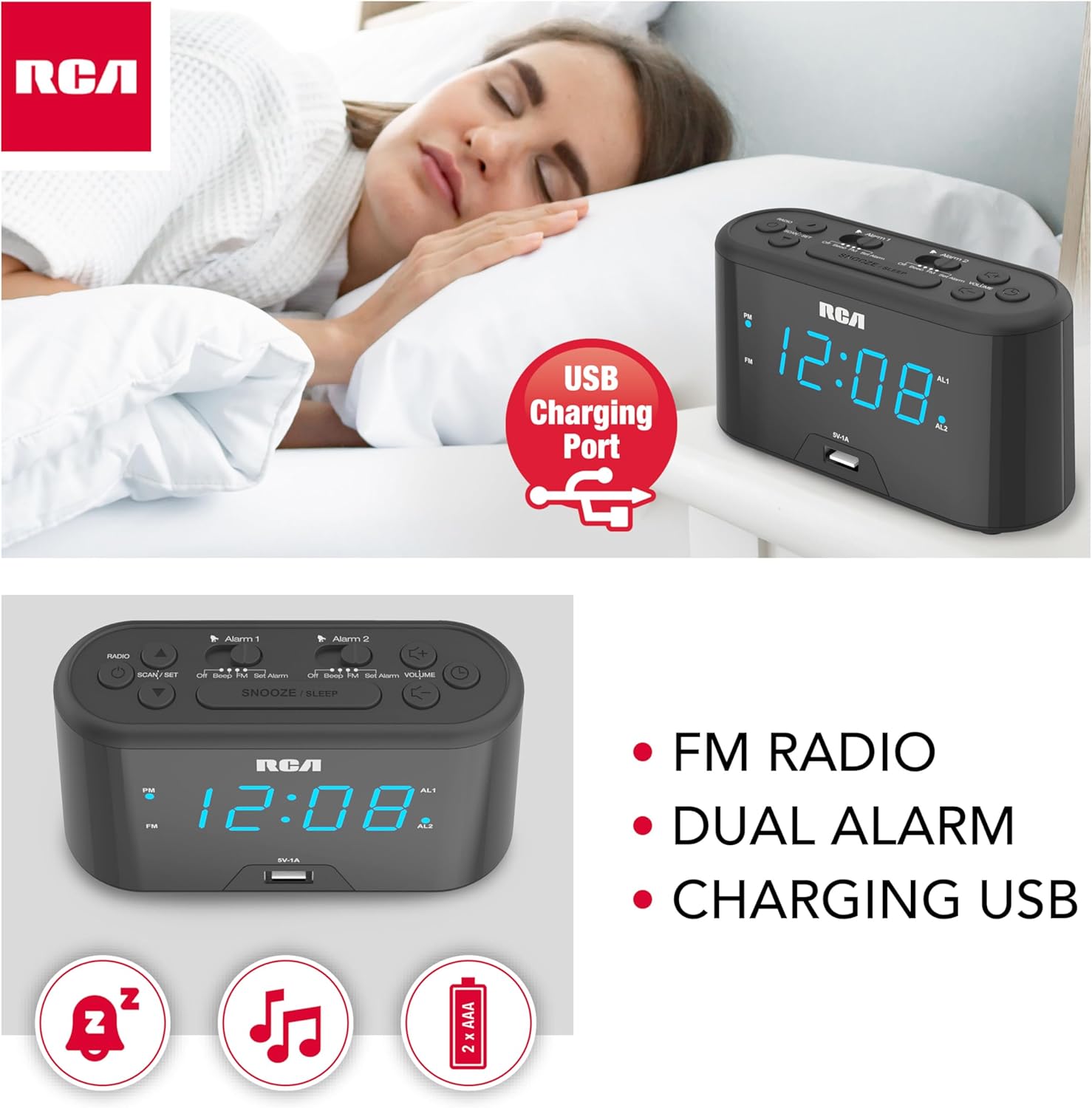 RCA RC571 Digital Alarm Clock Radio with USB Charging and FM Radio