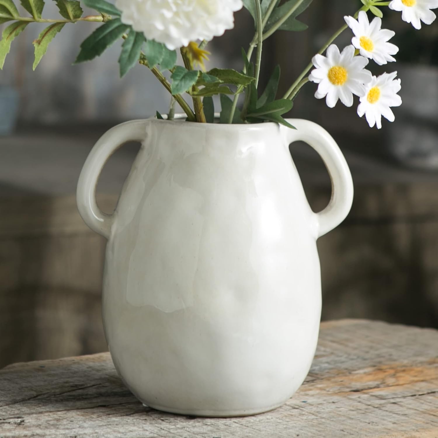 White Ceramic Vase with 2 Handles 7 Inch Tall