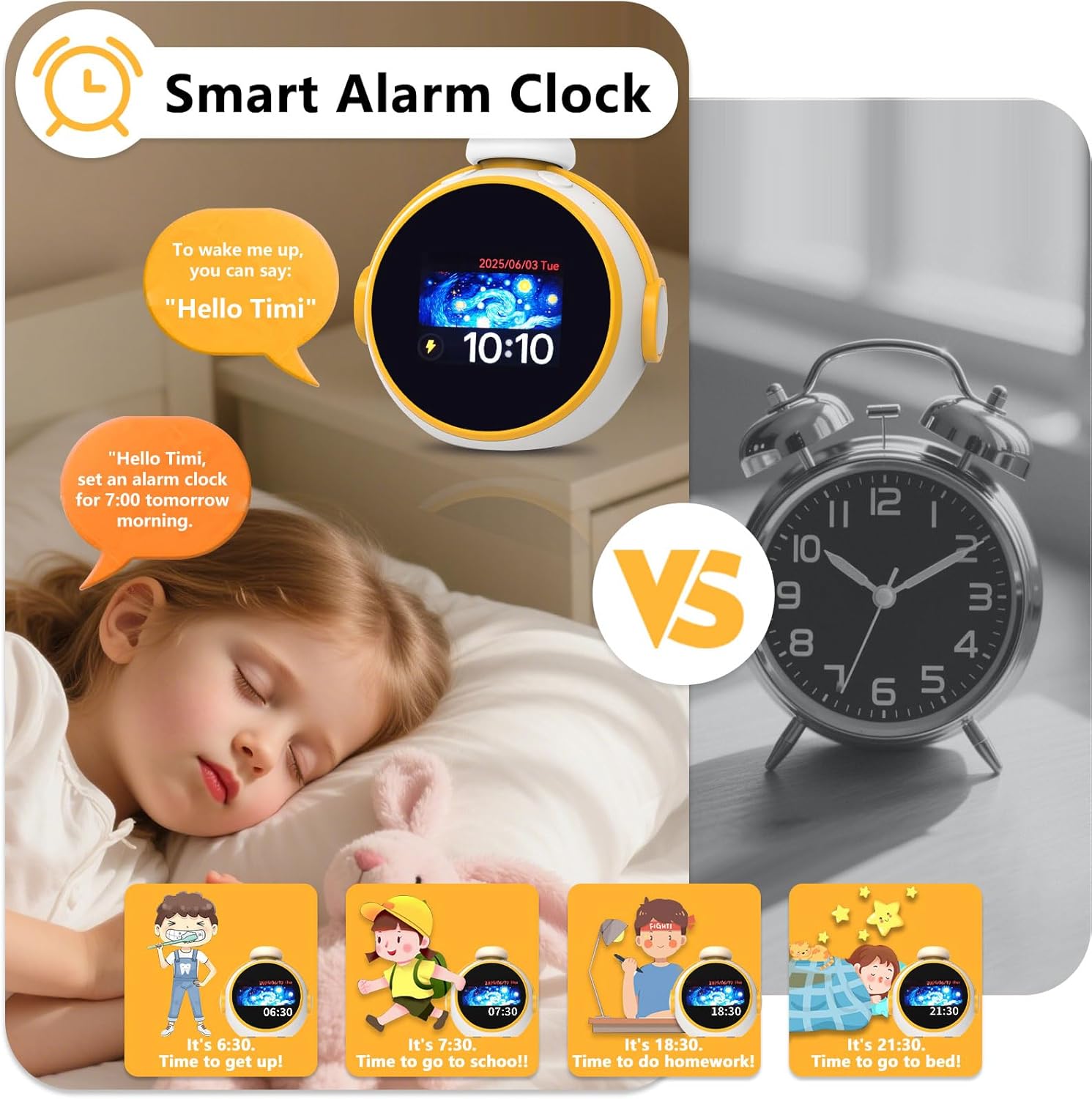 Smart AI Alarm Clock with Voice Control for Kids