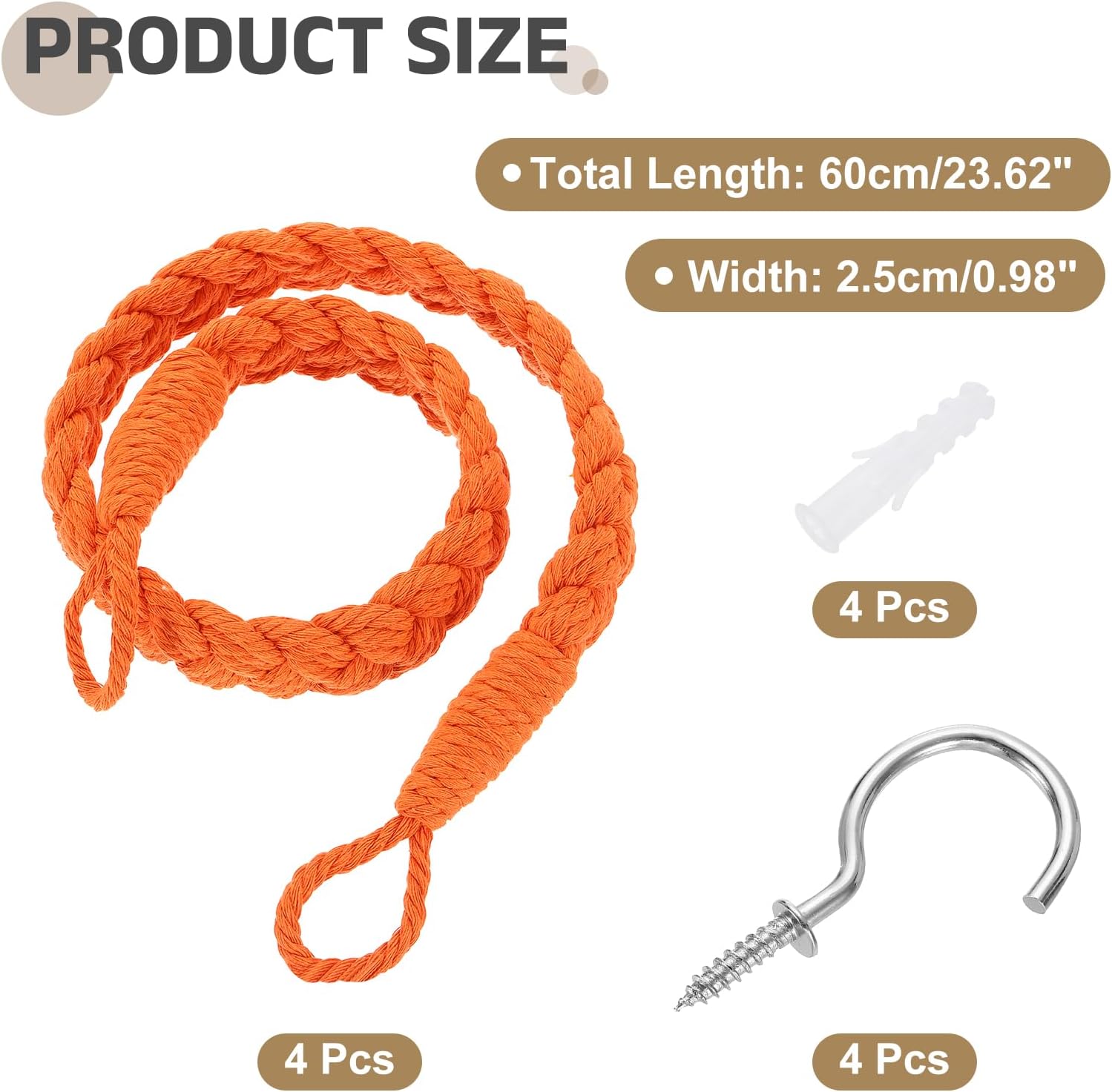 Uxcell 4Pcs Cotton Rope Curtain Tiebacks with Metal Hooks Orange