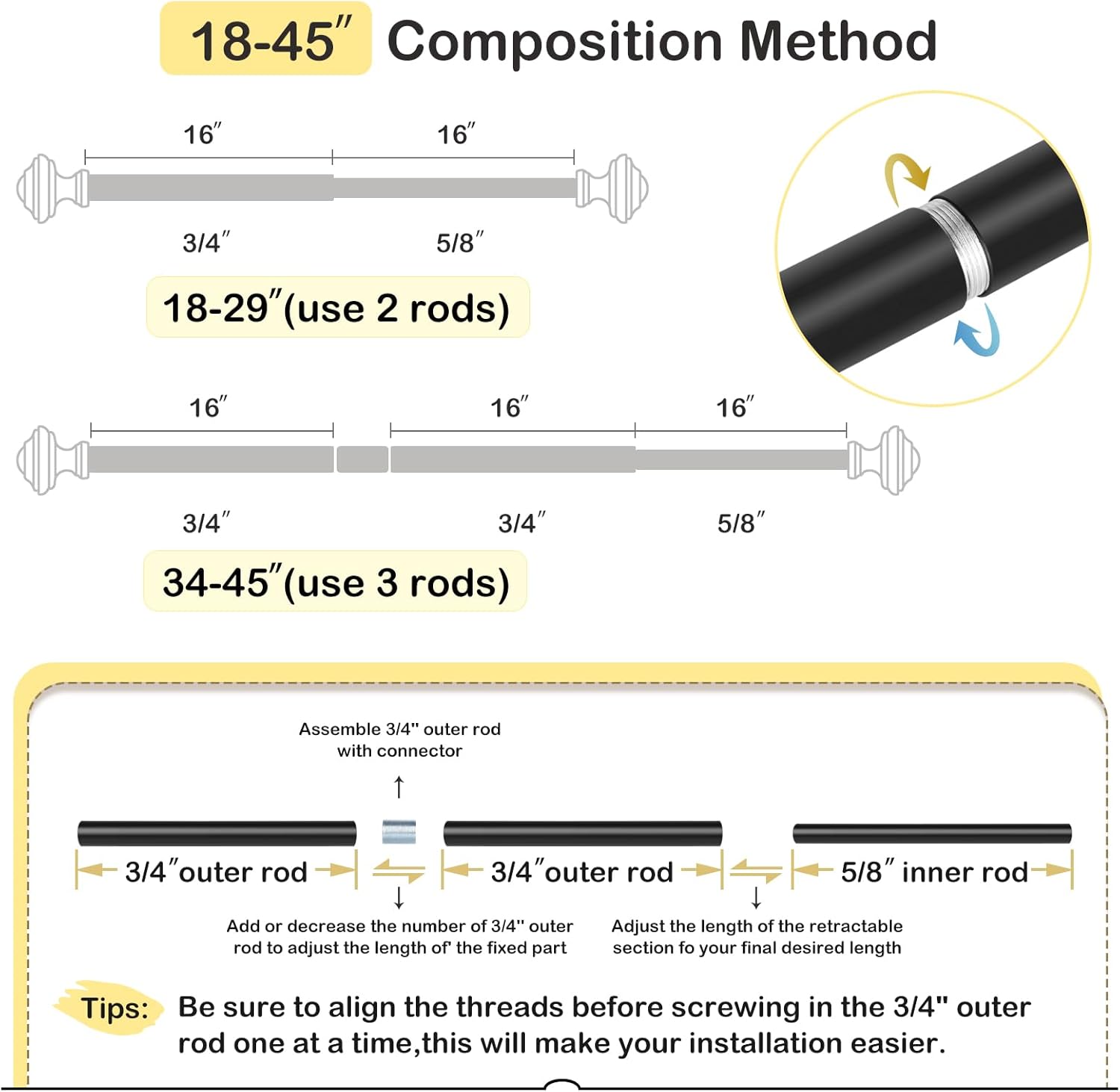 JRZOO Black Curtain Rods 18-45 34 Inch Diameter