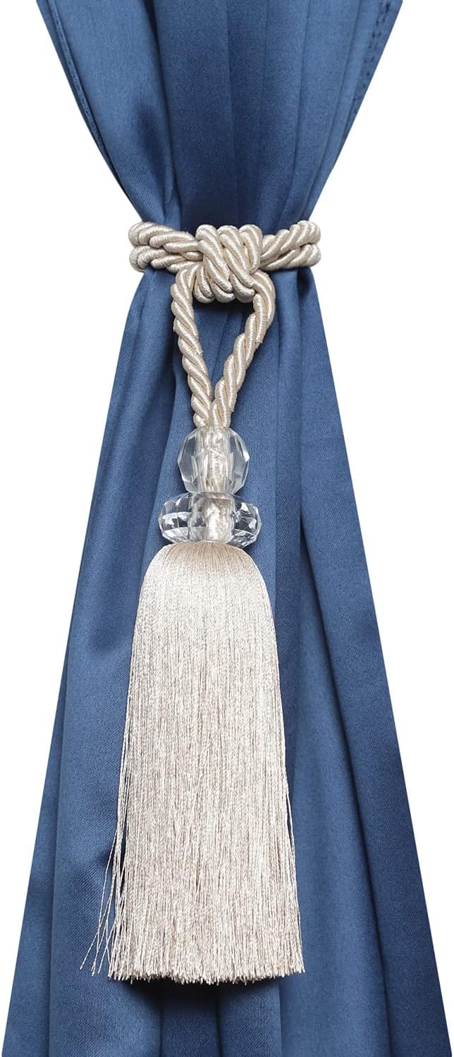 2 Pack Curtain Tiebacks with Crystal Tassels - Beige