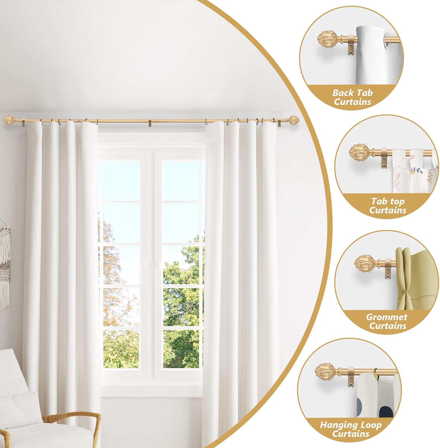 Adjustable Curtain Rods for Windows 28-48 Inches Gold Finials