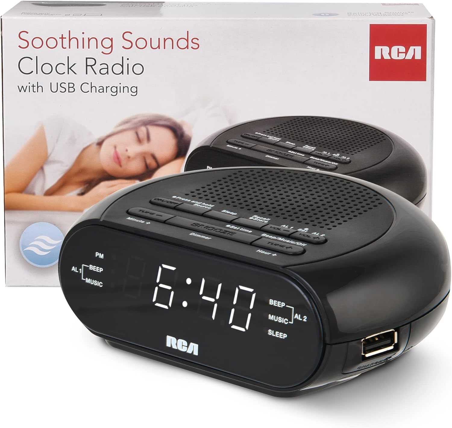 RCA RCS27 Digital Radio Alarm Clock with Soothing Sounds and USB Charging