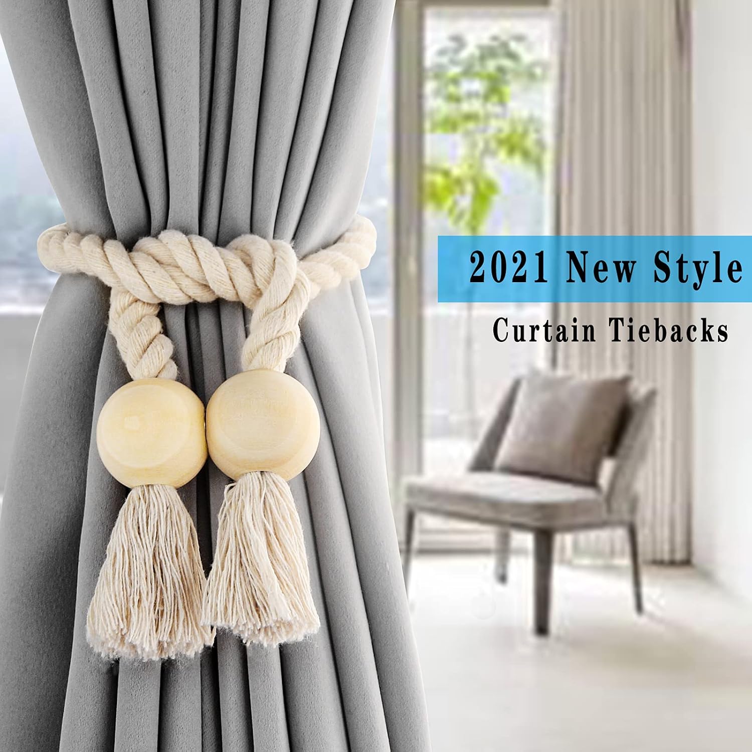 6 Pack Beige Magnetic Curtain Tiebacks with Wooden Buckle