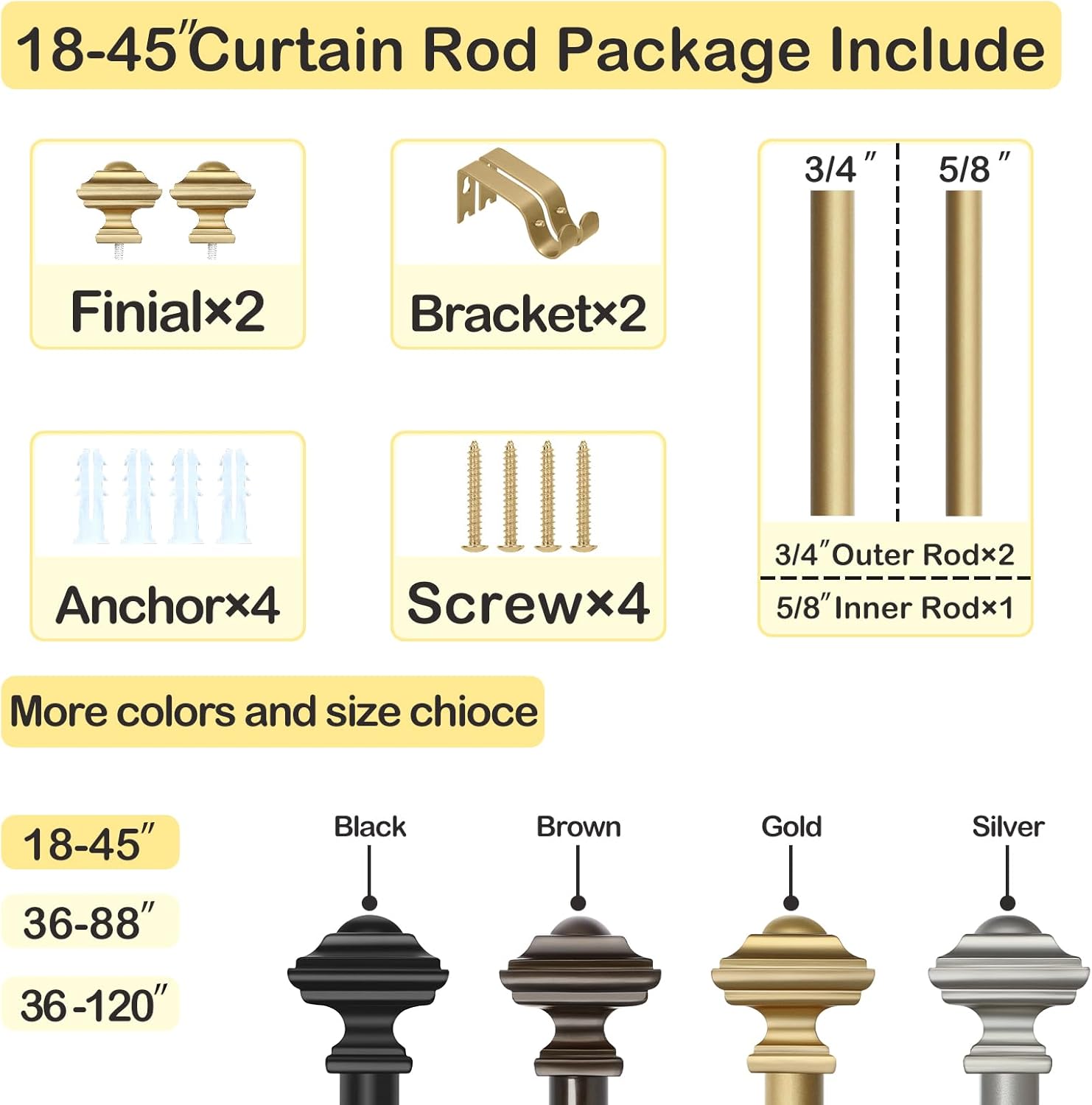 JRZOO Gold Curtain Rods 18-45 with Square Finials