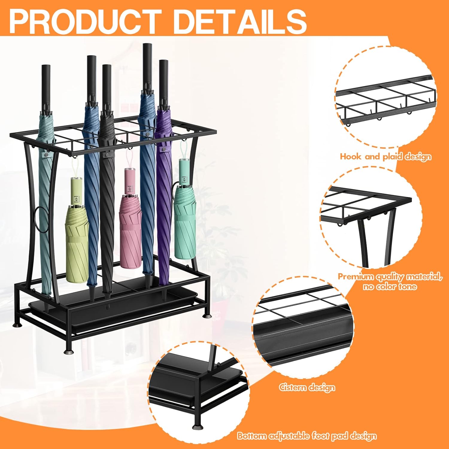 Metal Umbrella Holder Stand with Drip Tray and 8 Hooks Black