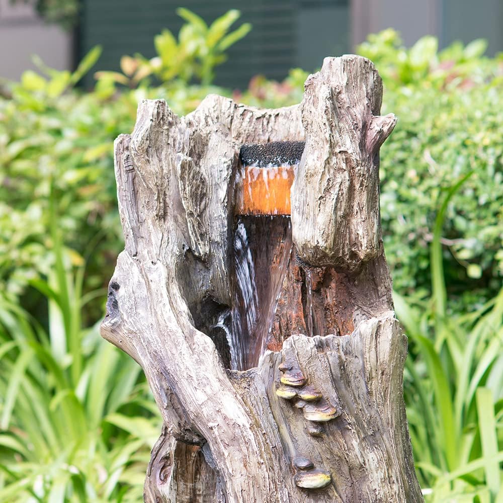 Rustic Tree Trunk Fountain with Light Grey