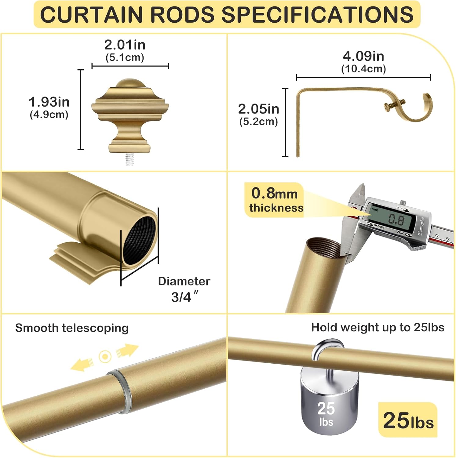 JRZOO Gold Curtain Rods 18-45 with Square Finials