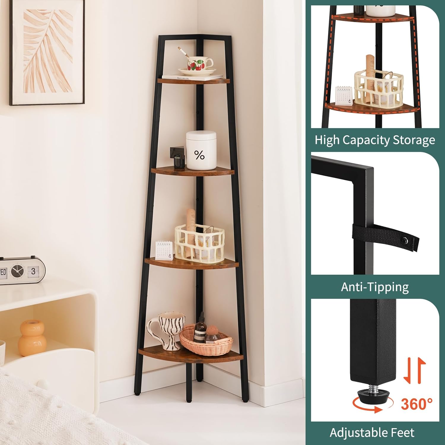 Yoobure 4-Tier Corner Bookshelf with Metal Frame