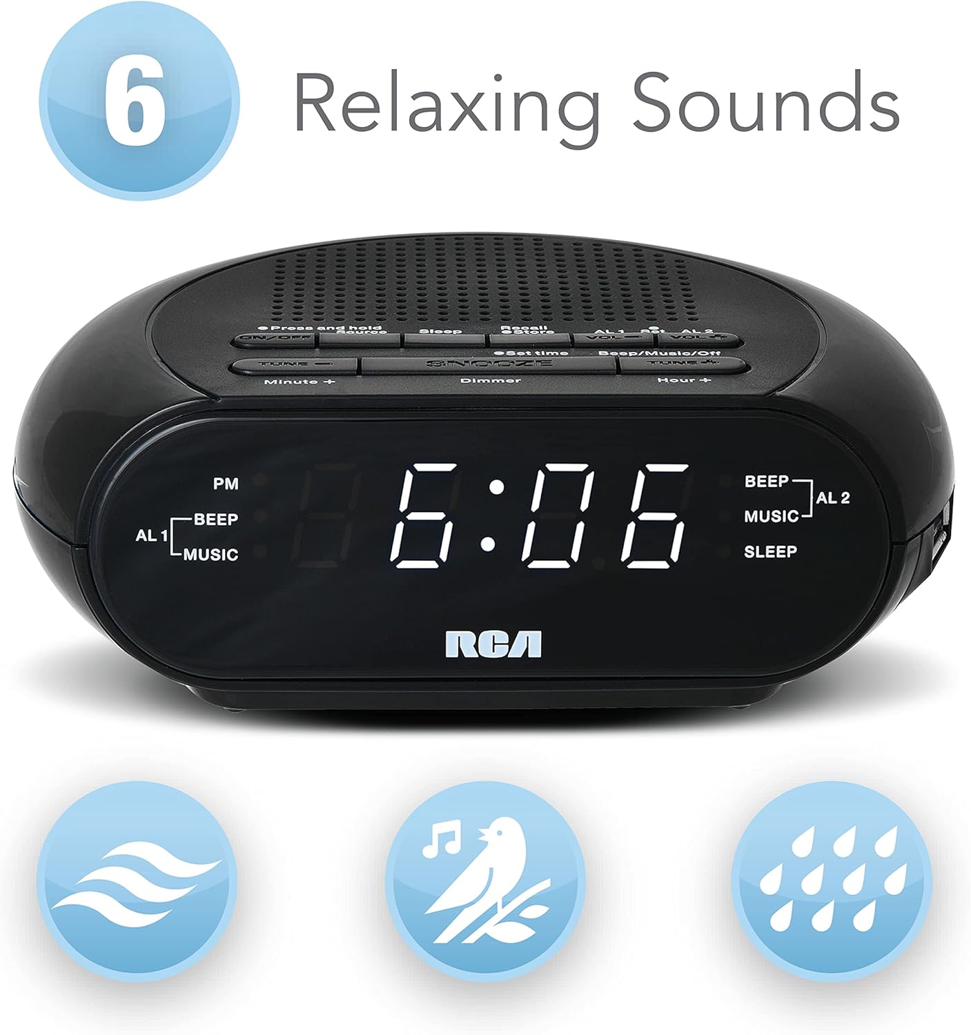 RCA RCS27 Digital Radio Alarm Clock with Soothing Sounds and USB Charging