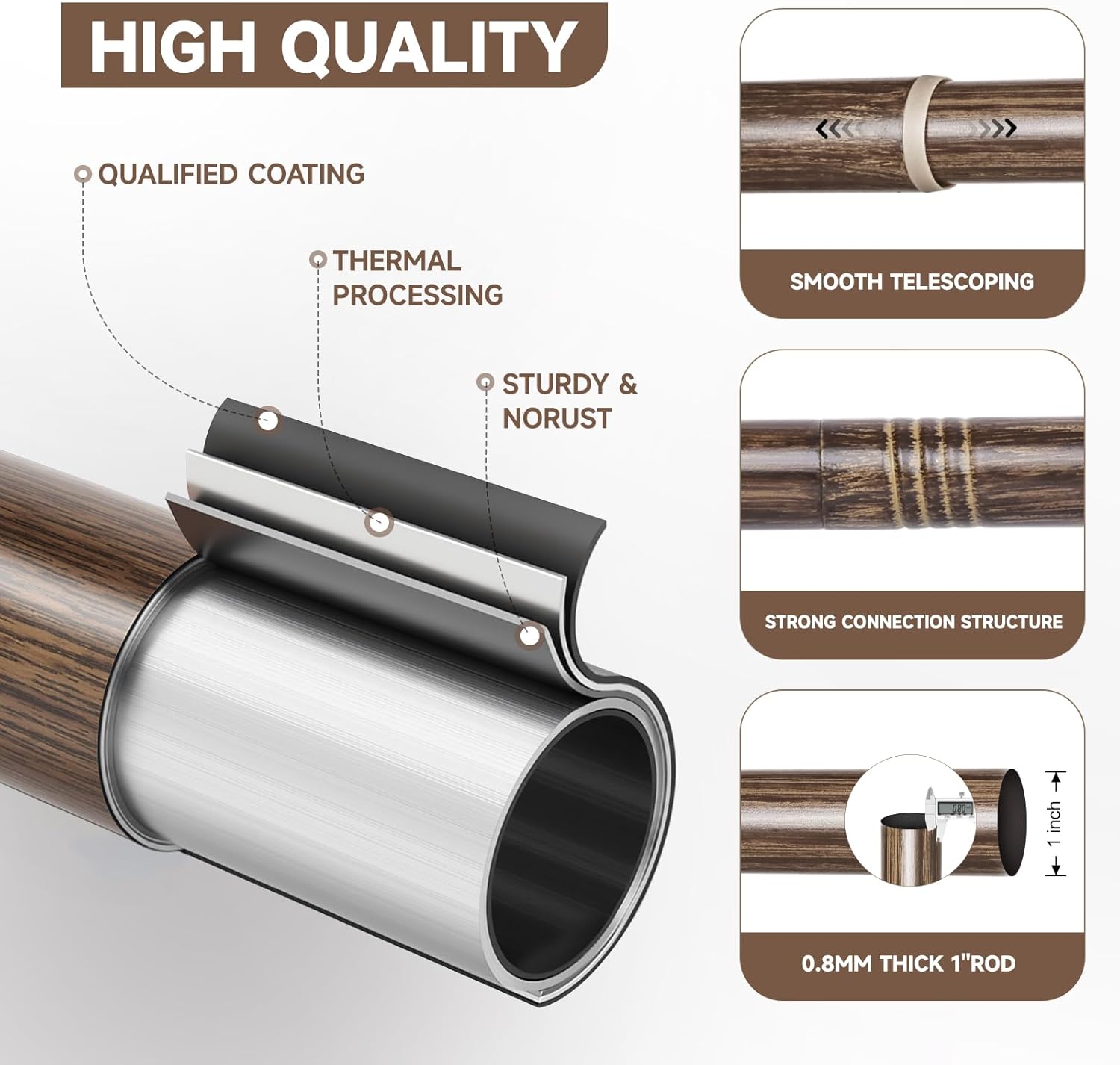 BRIOFOX Imitation Walnut Wood Curtain Rods 72-144 Inch