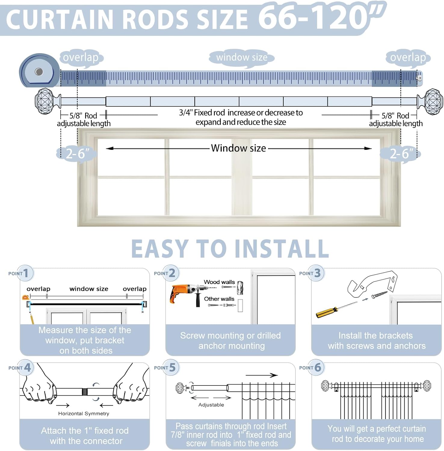 TVWOO Silver Crystal Curtain Rods 66-120 Inch Adjustable
