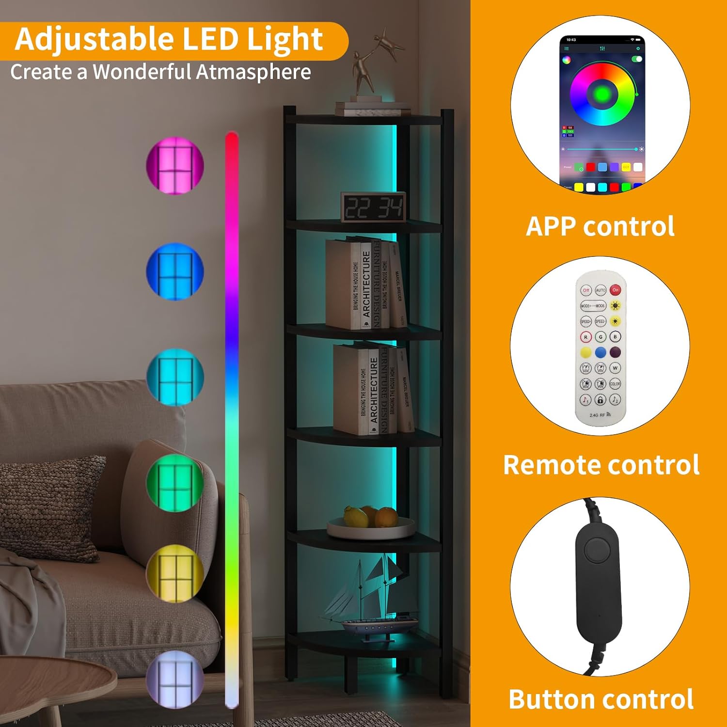 Corner Shelf with LED Lights 6-Tier Bookshelf Black