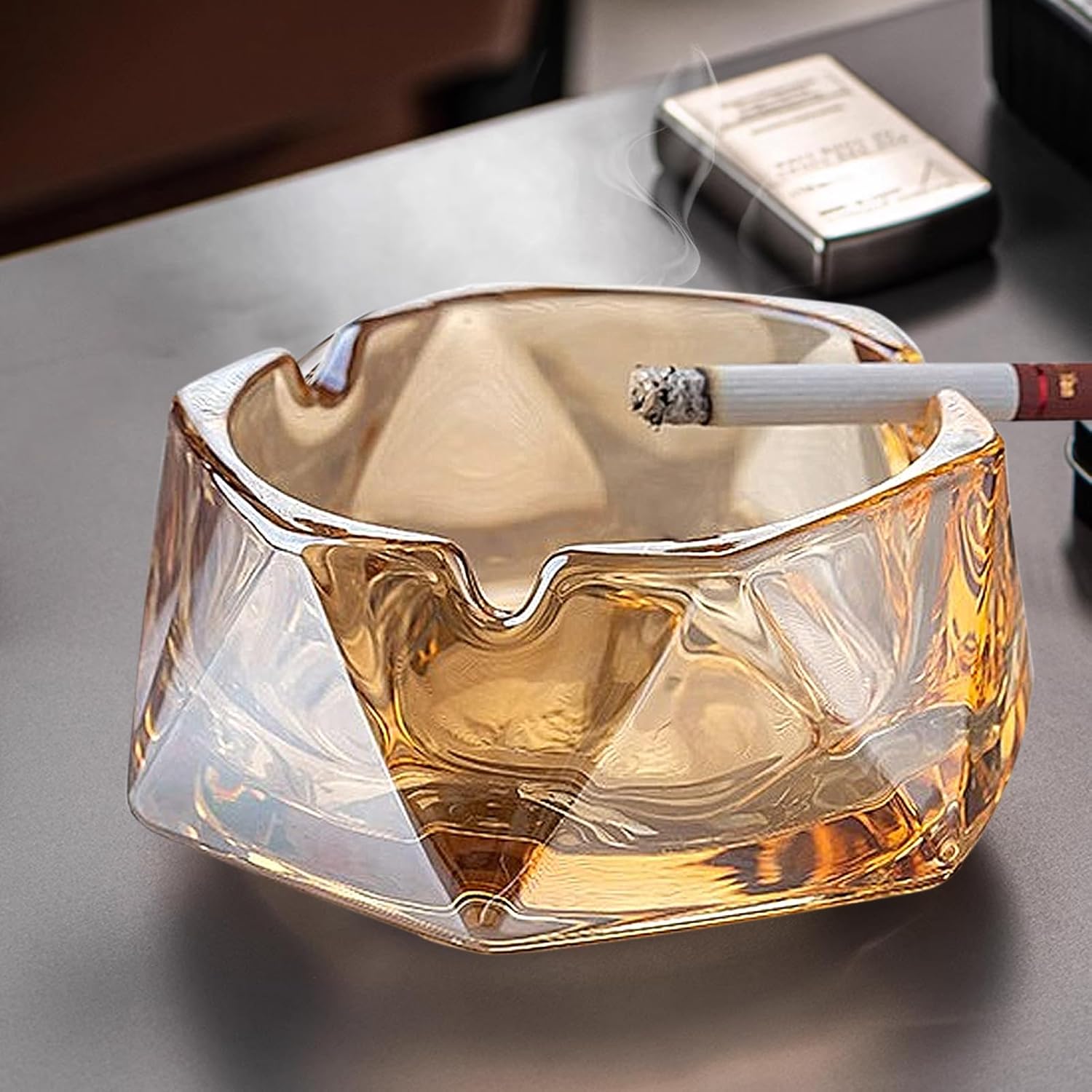 Crystal Amber Glass Ashtray with Hexagonal Shape