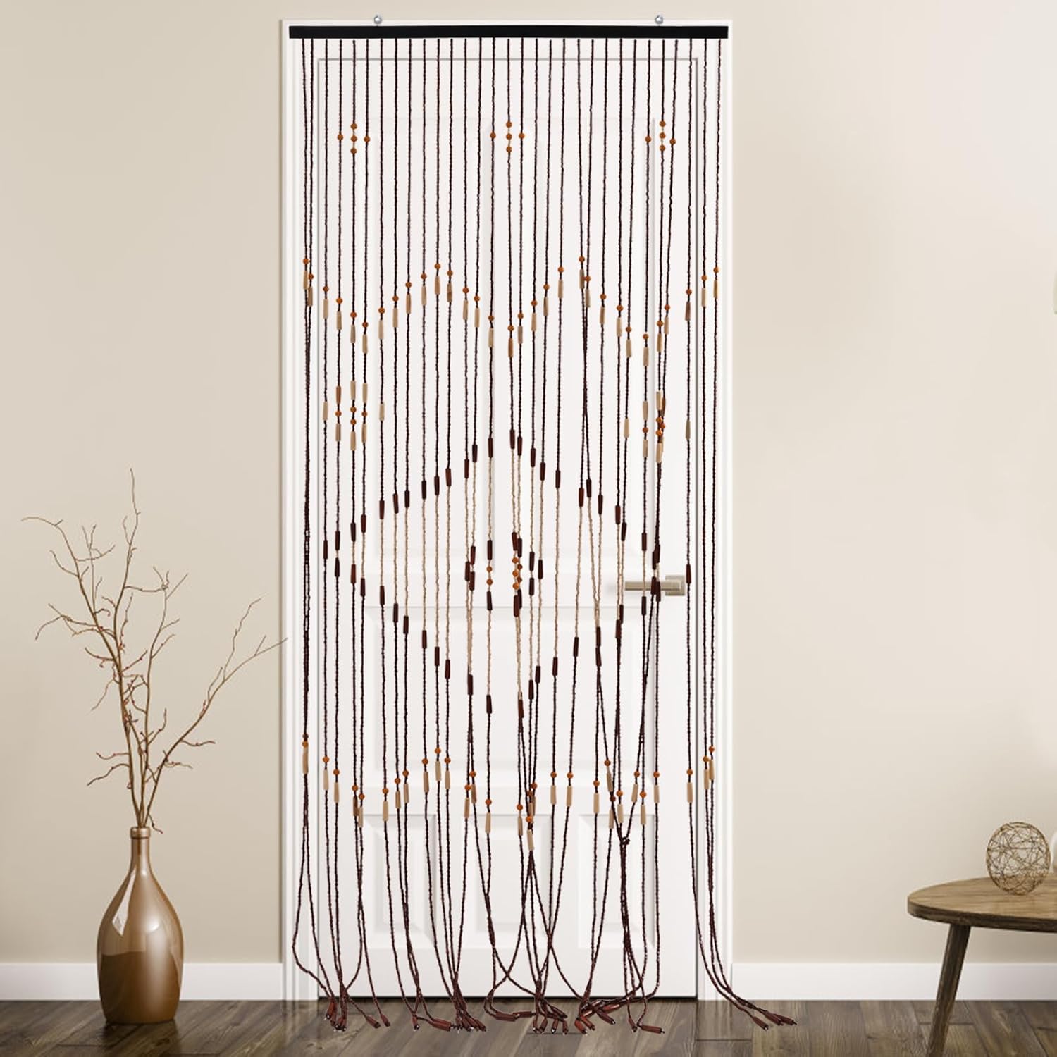 Beaded Curtain Door String with Bamboo and Wood Chocolate 355x82in