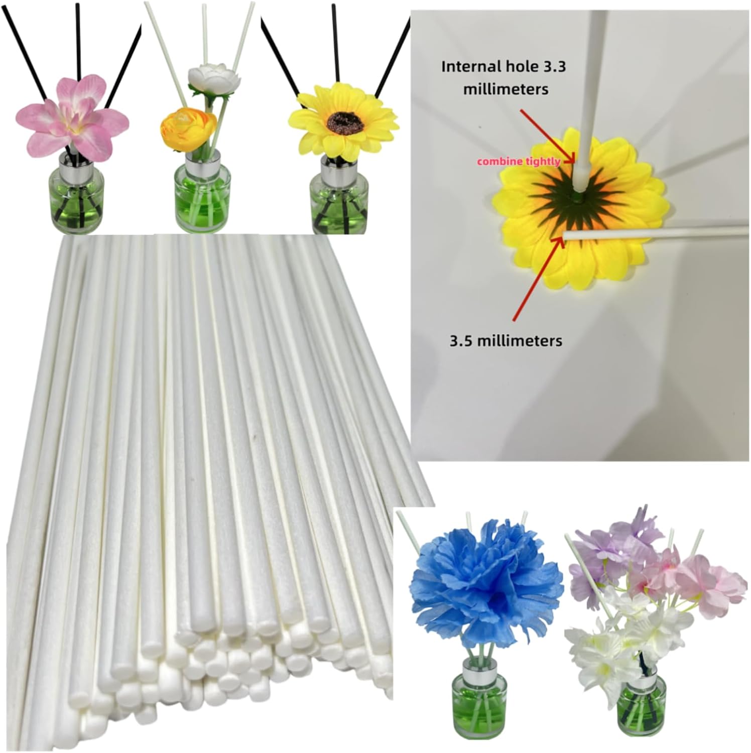 100 Diffuser Sticks with 3-35mm Artificial Flowers